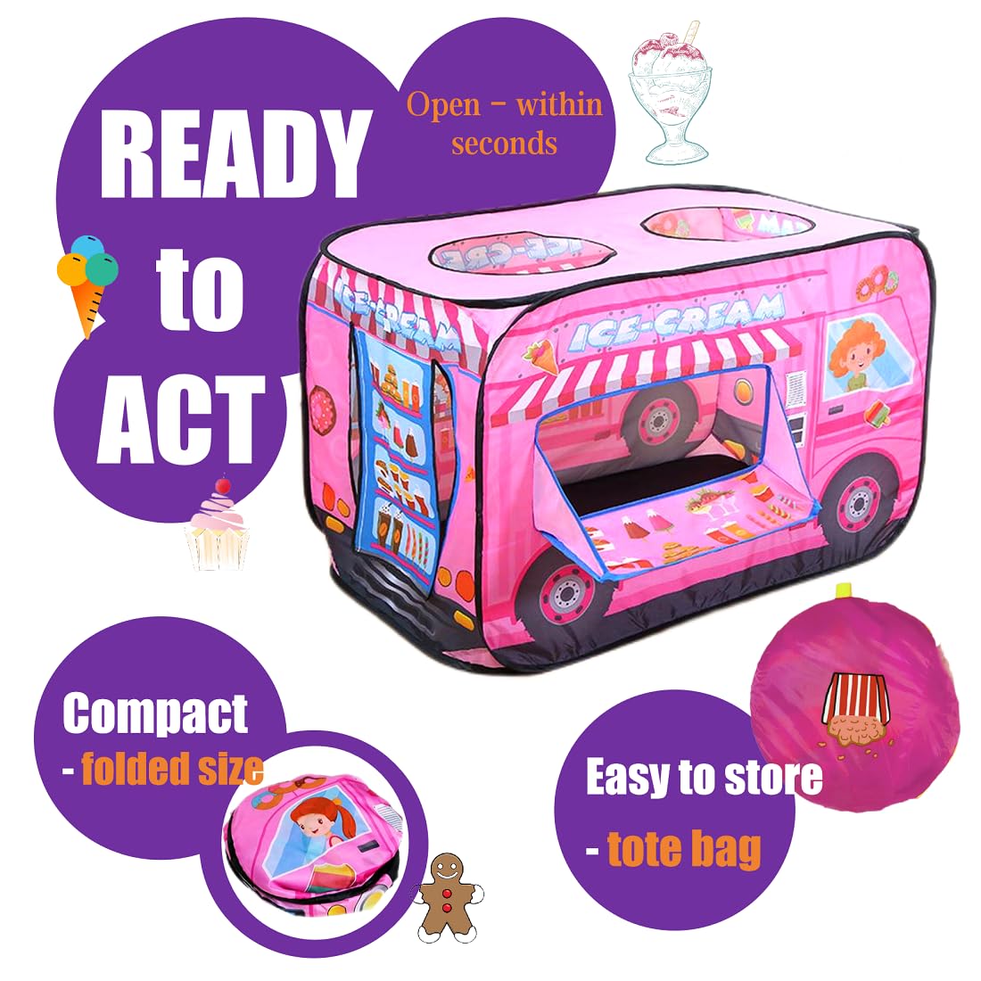 Tienda de campaña desplegable para niños. Tienda de campaña de helados para niños. Tienda de helados grande, fácil de organizar para niños. Carrito de helados para niños. Regalo de cumpleaños para 2