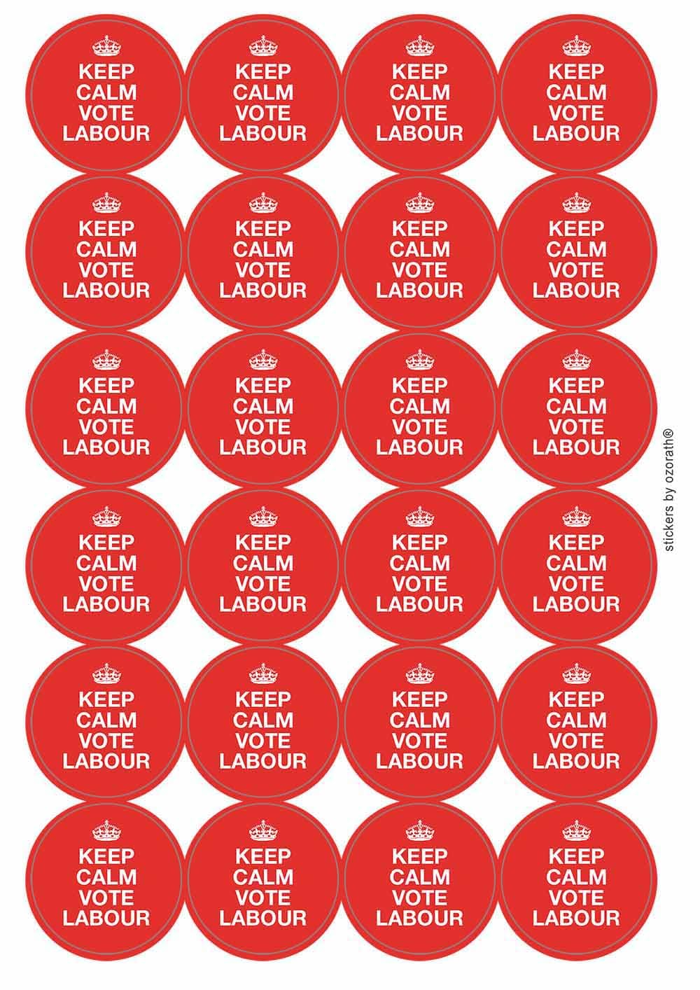 Keep Calm Vote Labour Circular Matt Paper Stickers A4 Sheet of 24 (Each Sticker is 45mm Diameter)