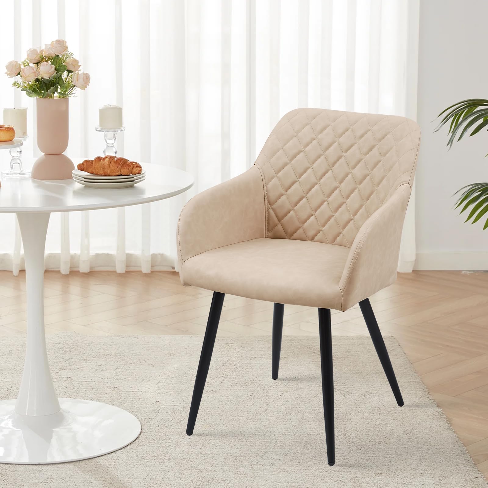 TUKAILAi Lot de 1 Chaise de Salle à Manger Rembourrée PU, Chaise de Cuisine Simili Cuir avec Dossier et Accoudoirs, Pieds en Métal Ergonomique pour Salon Bureau Pas Cher (Beige)