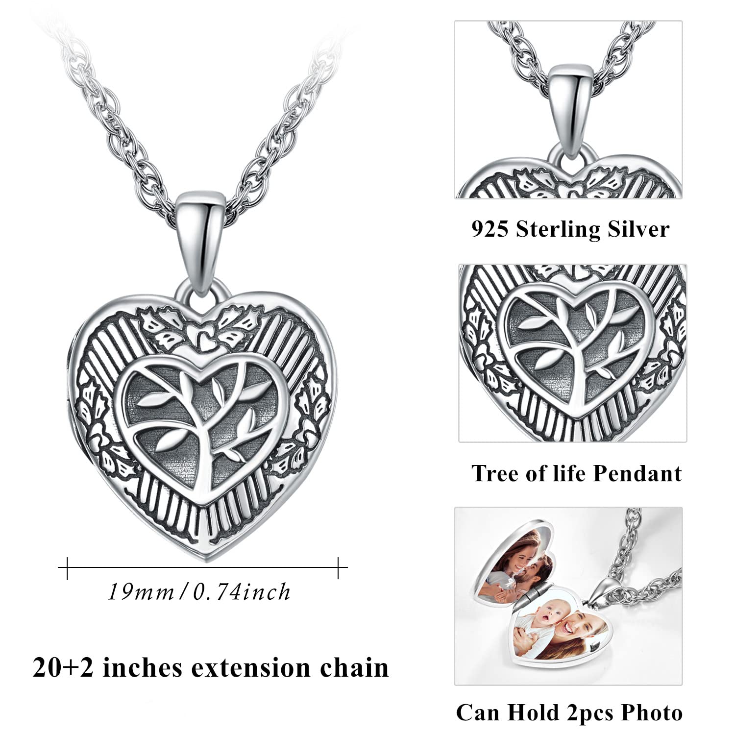 KINGWHYTE Medaillon zum öffnen für Bilder Kette 925 Sterling Silber Baum des Lebens Foto Medaillon Halskette Lebensbaum Herzform Anhänger Halskette Schmuck Amulett Familie für Damen Männer