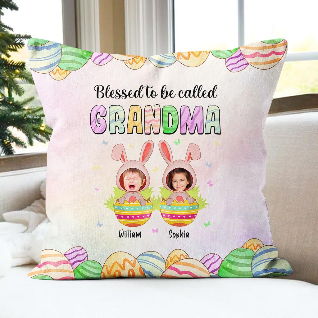 Blessed to Be Called Grandma Kids Eggs Bunnies Ears, Personalized Square Pillow, Gifts for Grandma Nana from Grandkids
