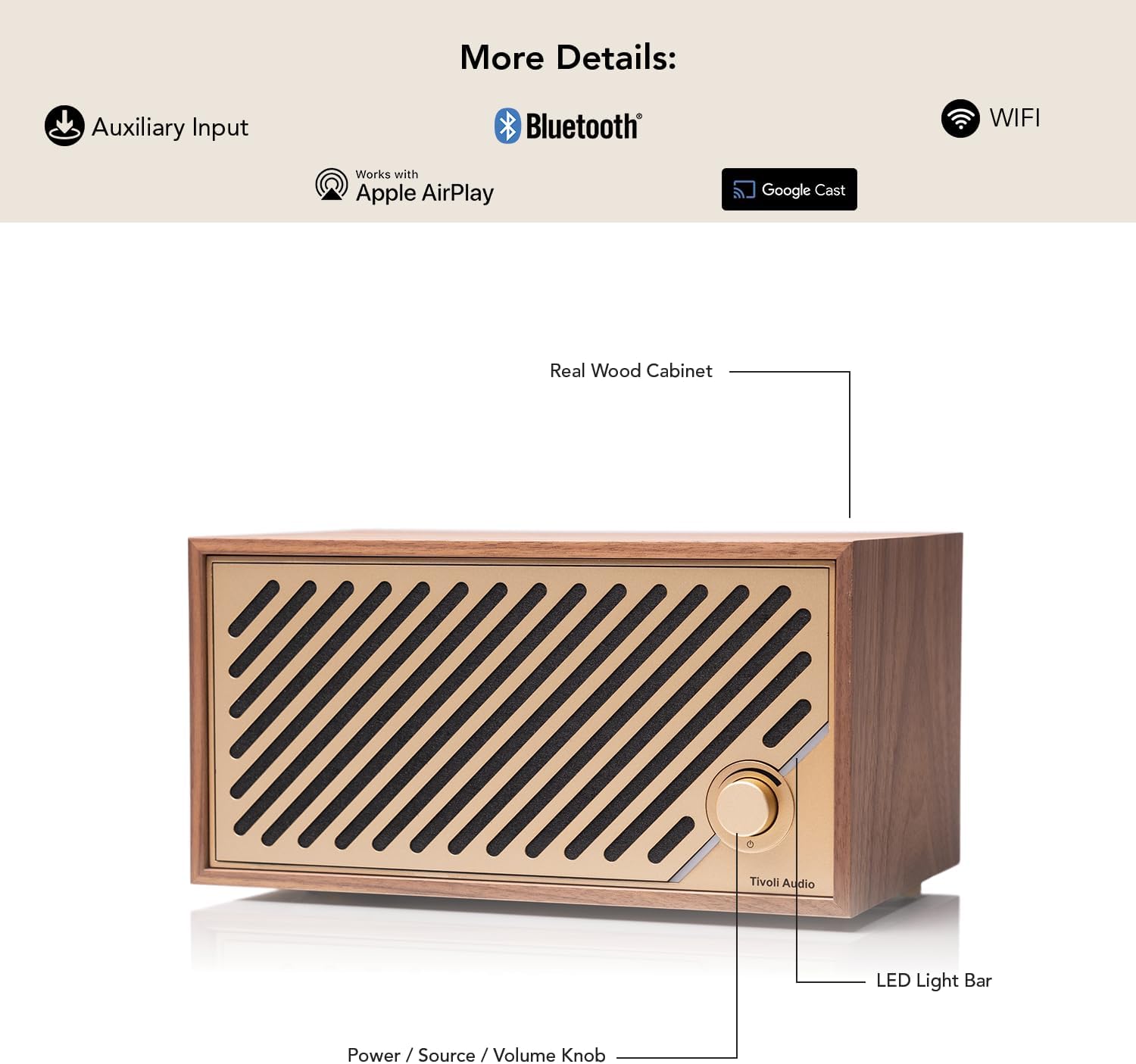 Tivoli Audio Model Two Digital speaker with its blue LED light bar illuminated.