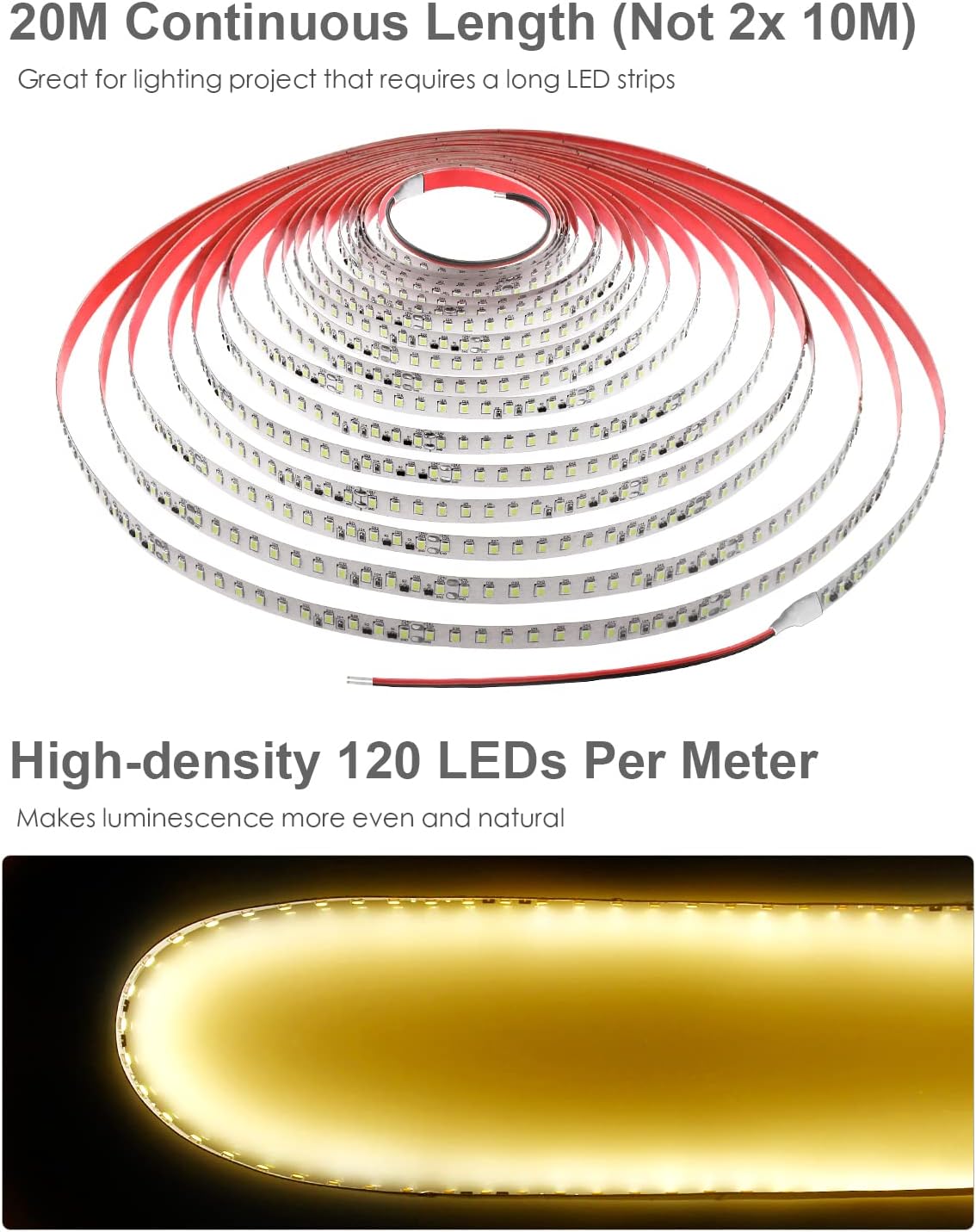 ALITOVE 65.6ft 24V Warm White LED Strip Lights Ultra-Bright 20m 2400 LEDs 120LEDs/M High-Density Tape Light Strip 2835 SMD DC 24 Volt 3500K Commercial Grade LED Flexible Rope Lights, No Power Supply