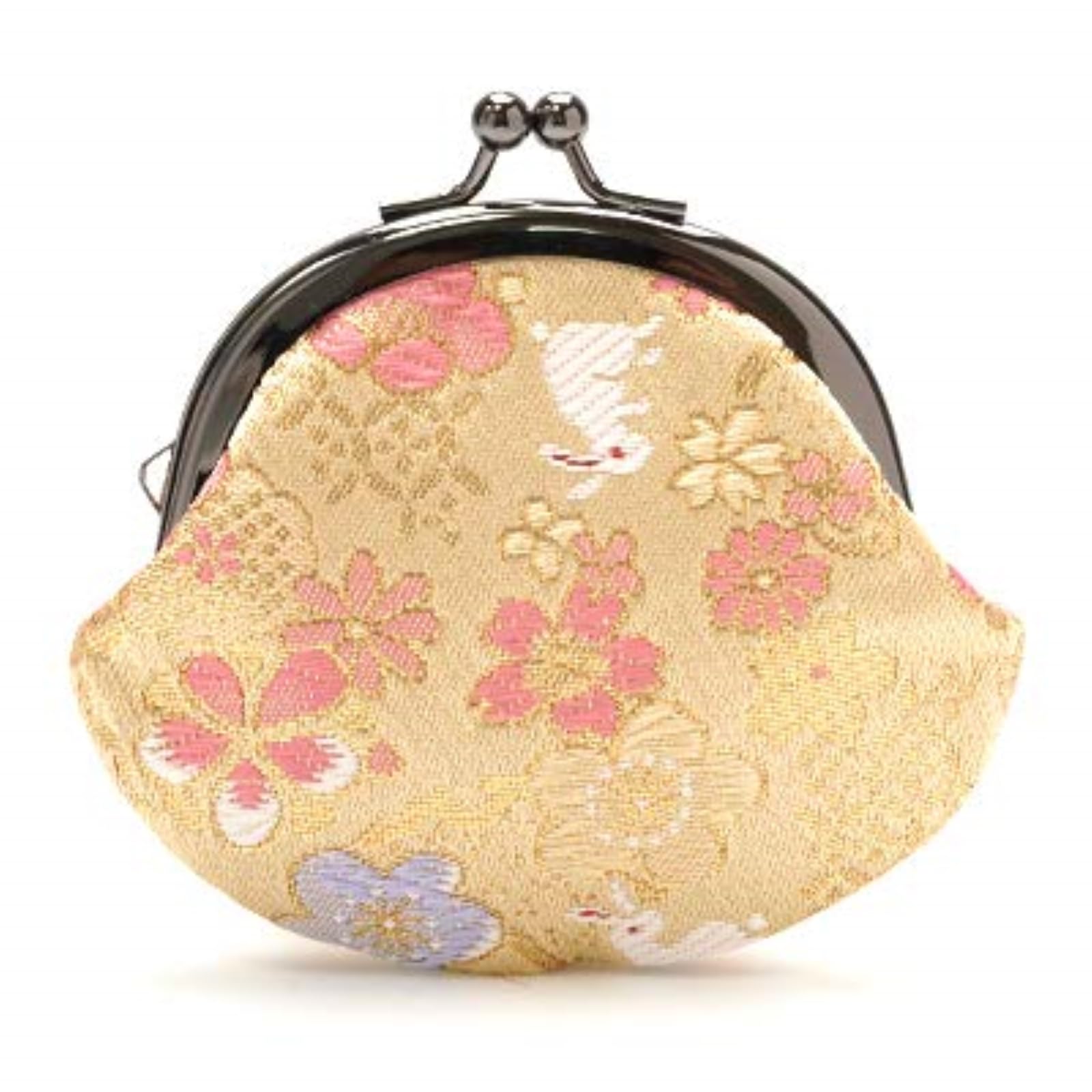 Kyoto Nishijin Weave Coin Purse Beige Rabbit Floral Kinran Brocade Japan