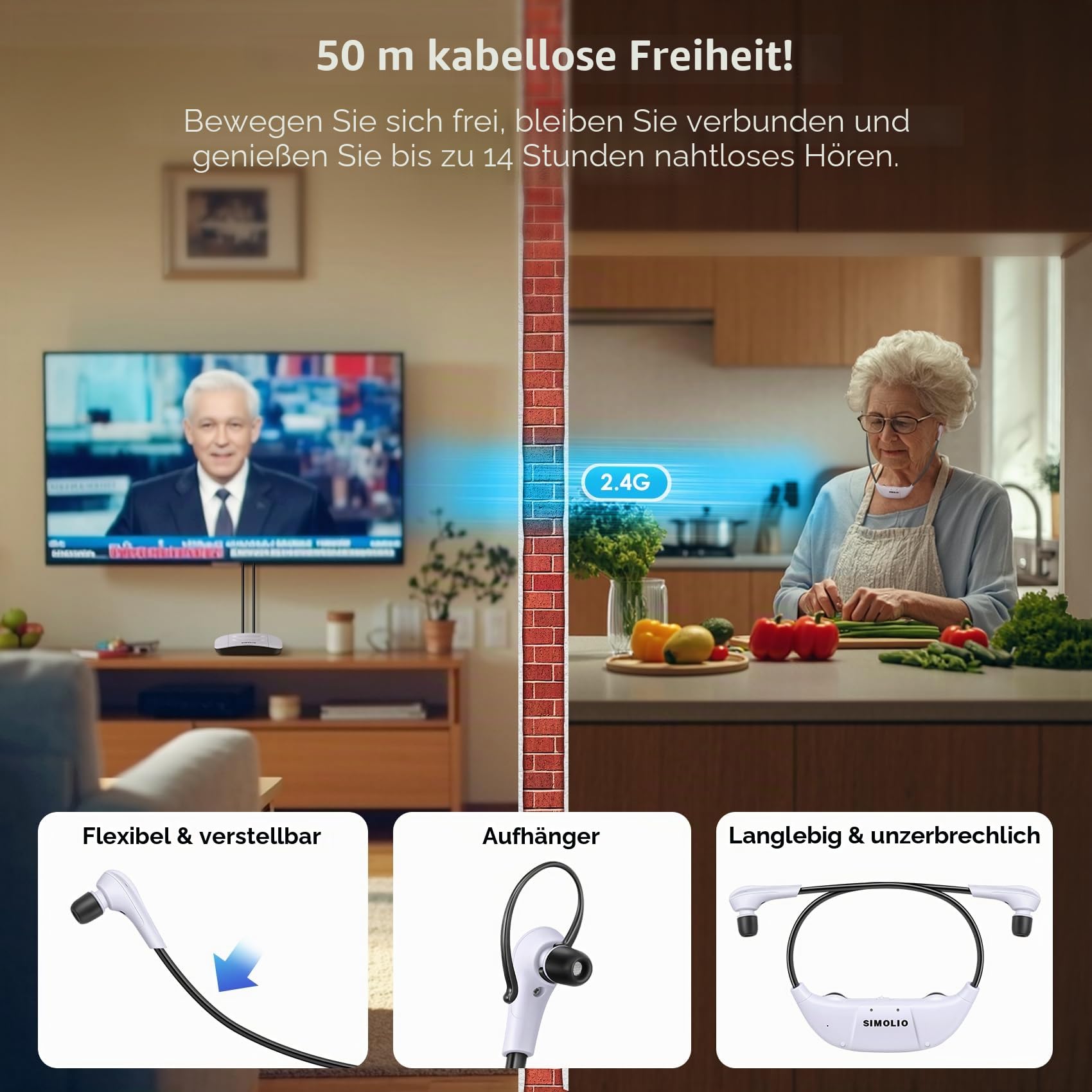 SIMOLIO Dual 2.4GHz Digitale TV Hörsystem, Kabelloser Kopfhörer für Fernseher & Musikanlagen mit ErsatzAkku, Funkkopfhörer für Senioren, Kinnkopfhörer, Optisch, RCA, AUX, TV Hörverstärker SM-824D2