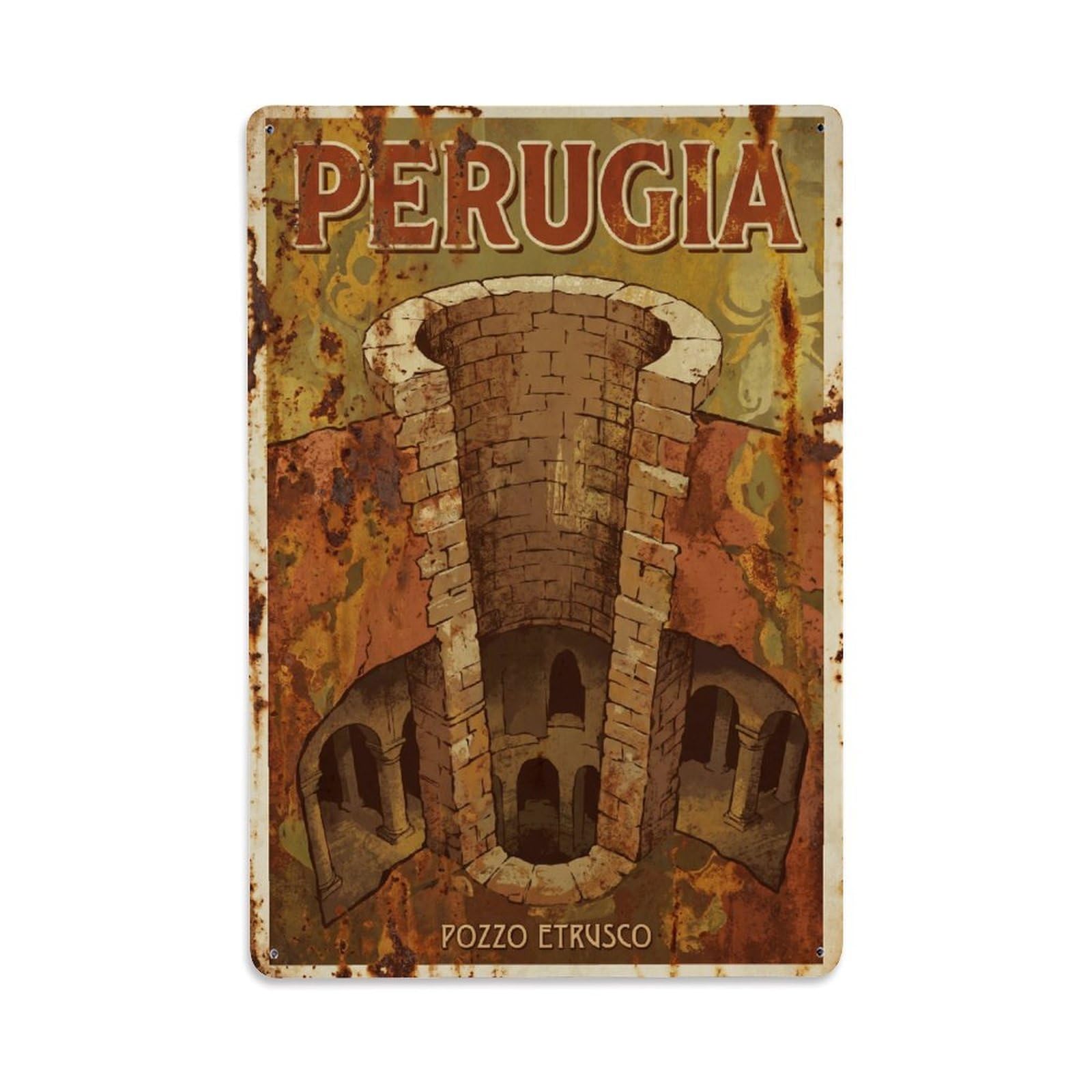 Vintage Travel Perugia Pozzo Etrusco Etruscan Well Italy Metal Tin Sign Plaque Wall Decor for Cafe, Club Bar, Office, Home Garden Metal Poster 8x12Inch