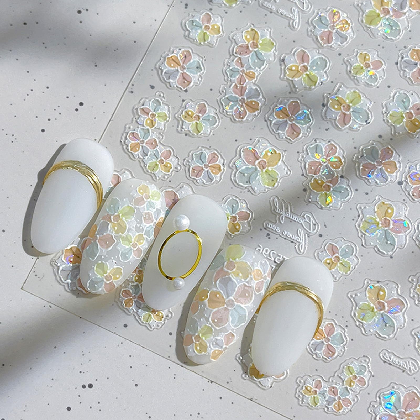 Photo 1 of 1 Sheet Colorful Floral Nail Art Stickers, Holographic Flower Nail Decals 3D Self-Adhesive Nail Design Stickers for Women DIY Spring Manicure Decoration Supplies Acrylic Nail Accessories