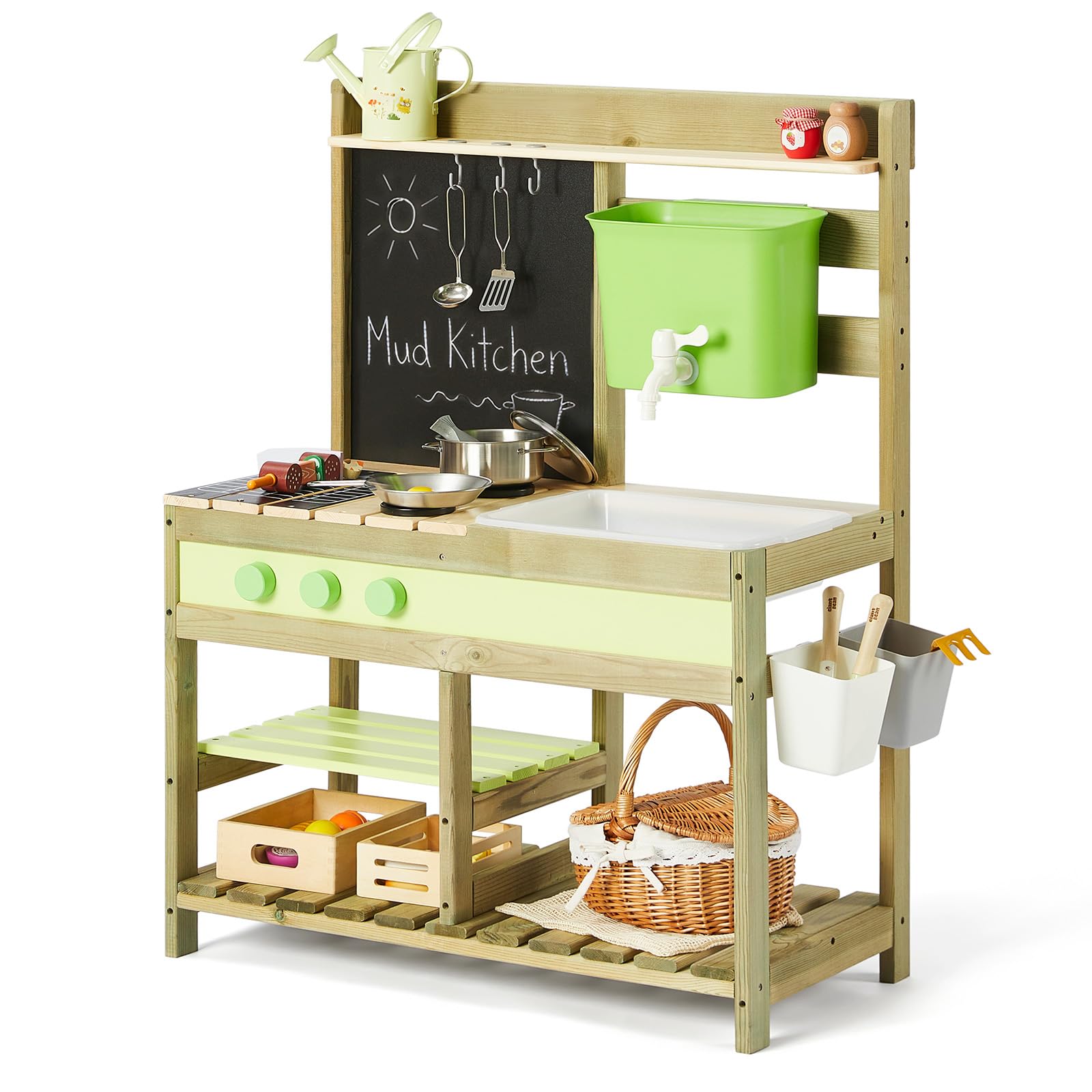 Matschküche Kinder Outdoor Holz Mud Kitchen Spielküche, Außenküche für Kinder mit 10 Spielzubehör, Spüle, Wasserhahn & Aufbewahrung für Kinder ab 3 Jahren