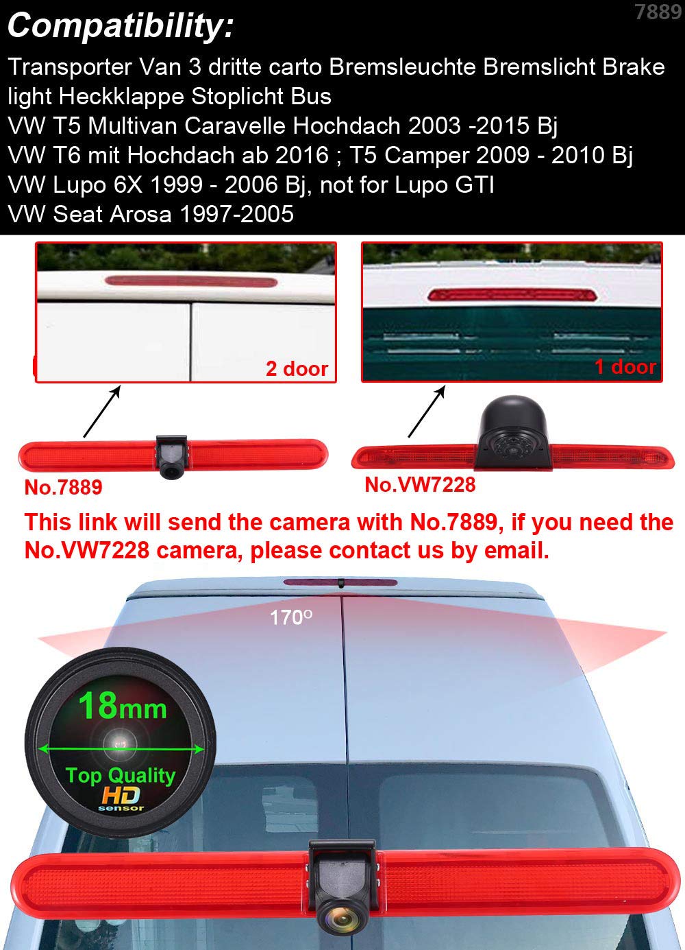 Con monitor LCD de 7 pulgadas, HD 1280p, tercer techo, lámpara de freno, luz trasera, cámara de seguridad para VW T5 Multivan Caravelle T6 con techo alto/T5 C