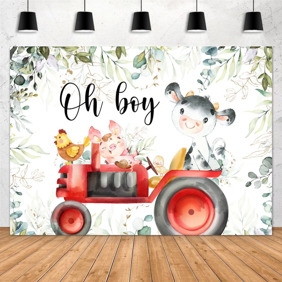 Aperturee Holy Cow Baby Shower Backdrop 7x5ft Greenery Farm Animals Tractor Oh Boy Eucalyptus Leaves Photography Background It's A Boy Party