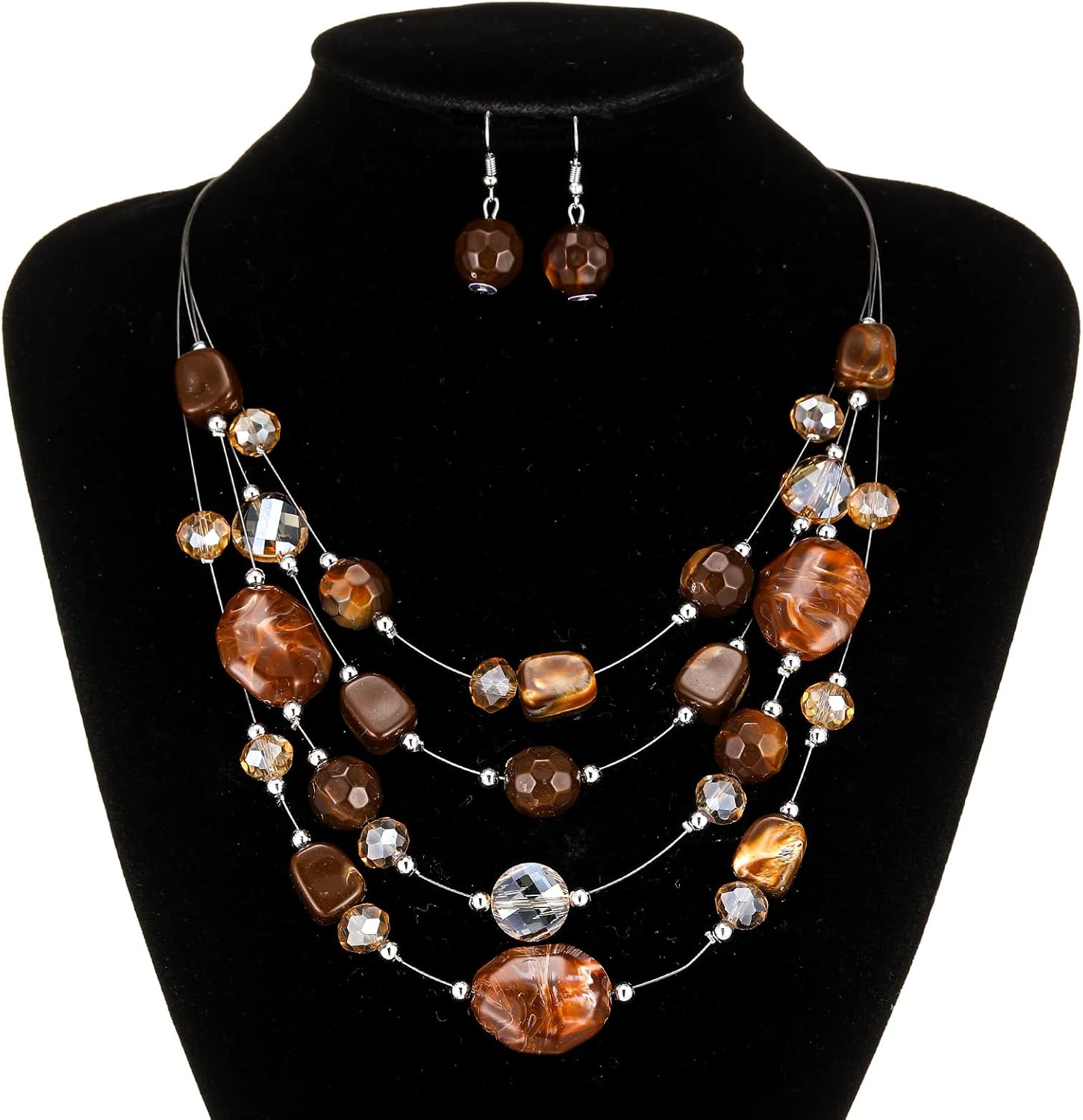 Layered Chunky Beaded Necklace for Women Colorful Multi-Layer Statement Necklace and Earrings Set Gift for Her - Image 4