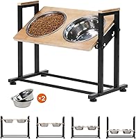WALNEST Adjustable Height Elevated Pet Feeder Stand - 4 Levels, 2x 37oz Dishwasher-Safe SS Bowls, Wood Top for Dogs/Cats Under 100lbs