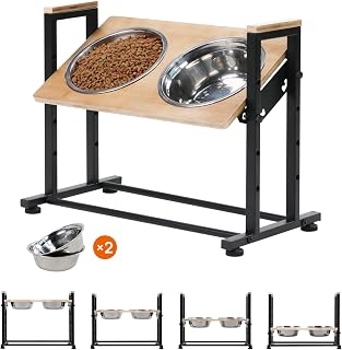 WALNEST Adjustable Height Elevated Pet Feeder Stand - 4 Levels, 2x 37oz Dishwasher-Safe SS Bowls, Wood Top for Dogs/Cats Under 100lbs