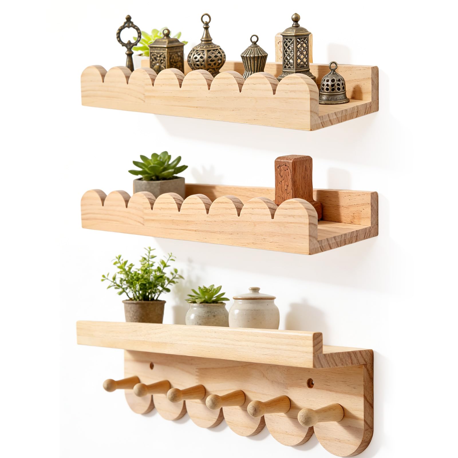 GBKDQQ Juego de 3 estanterías infantiles de pared, 40 cm, estantería de pared para habitación infantil con ganchos de madera, estantería flotante para libros y juguetes, estantería Montessori (color