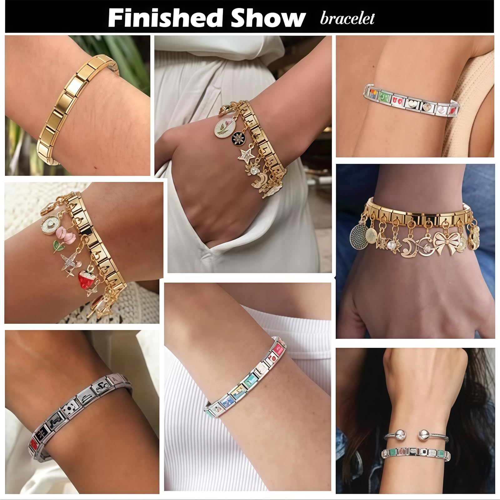 Pulsera Italiana de Encantos Conjunto de Brazalete Dorado con 1 Pulsera Inicial, 10 Encantos Italianos Temáticos del Océano con Herramienta de Apertura, 9 mm Encantos Italianos Modulares,