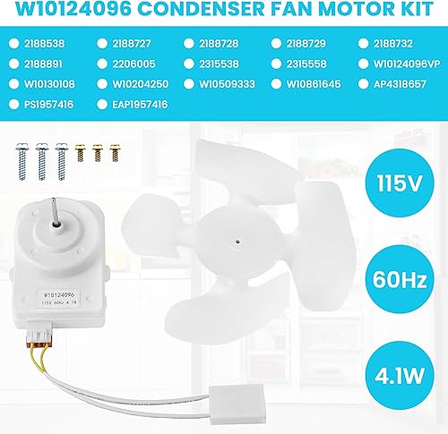 Miniatura 7 de W10124096 Kit de motor de ventilador de condensador compatible con refrigeradores Whirl-Pool Kitche-Naid reemplaza piezas 2188538 2188727 W10130108