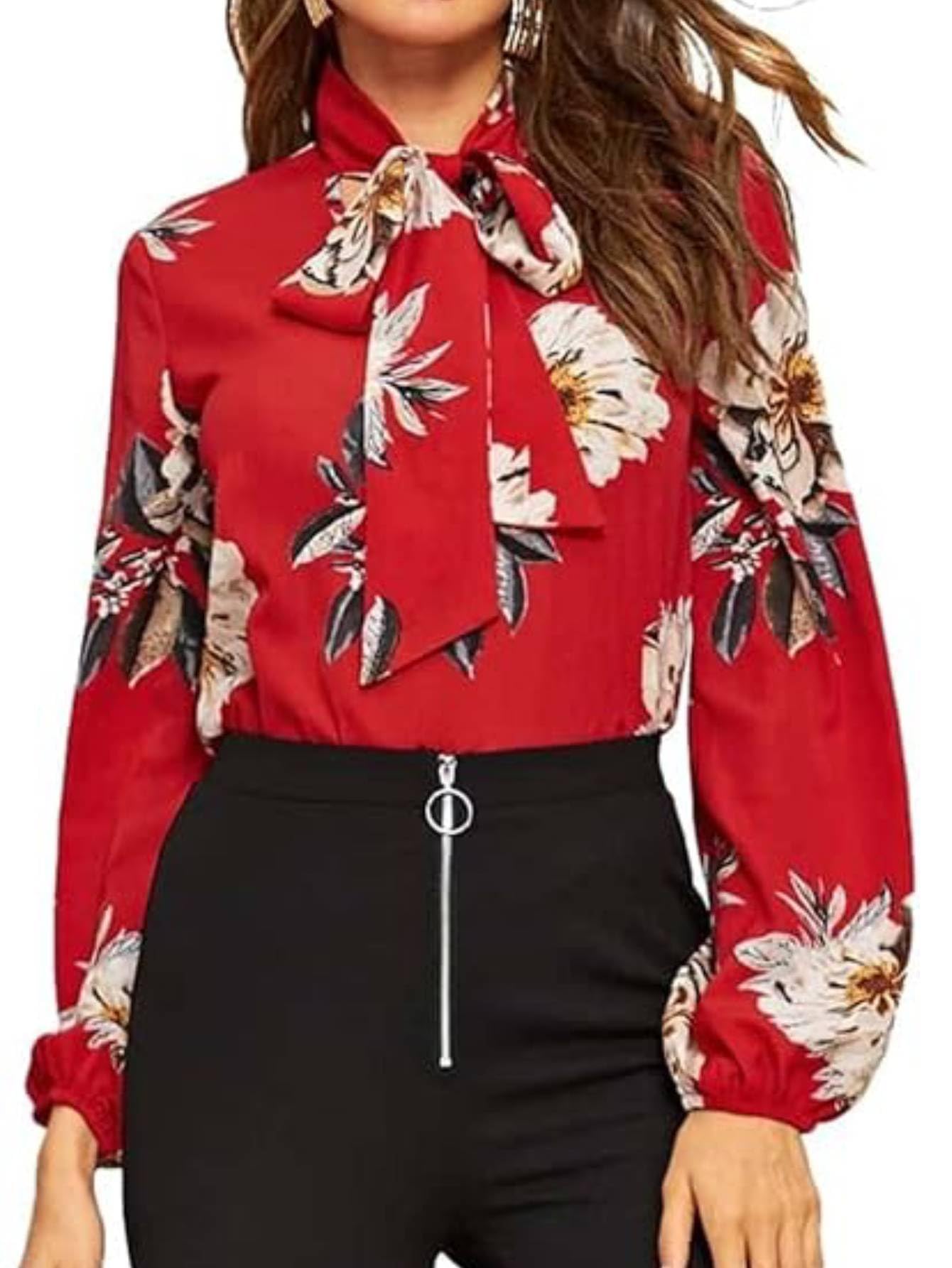 FloernsWomen's Floral Print Bow Tied Neck Lantern Long Sleeve Blouse Tops