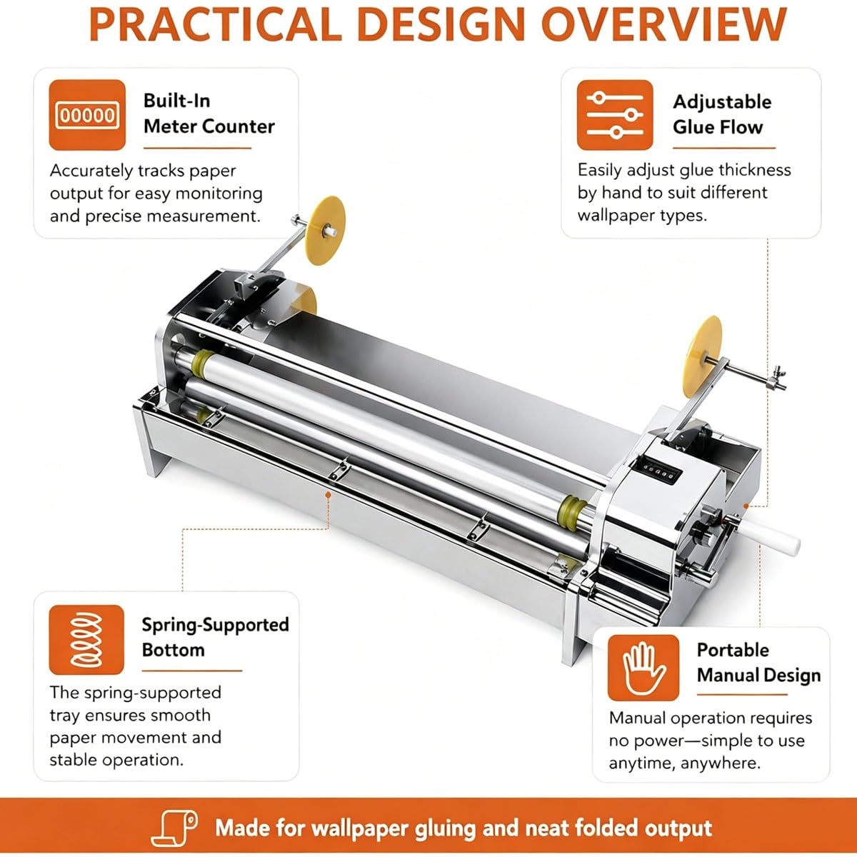 Aplicador adhesivo de papel tapiz de manivela manual, revestidor de espesor ajustable, diseño de acero inoxidable duradero, longitud de 70cm para aplicación de pegamento sin esfuerzo y precisión en pr