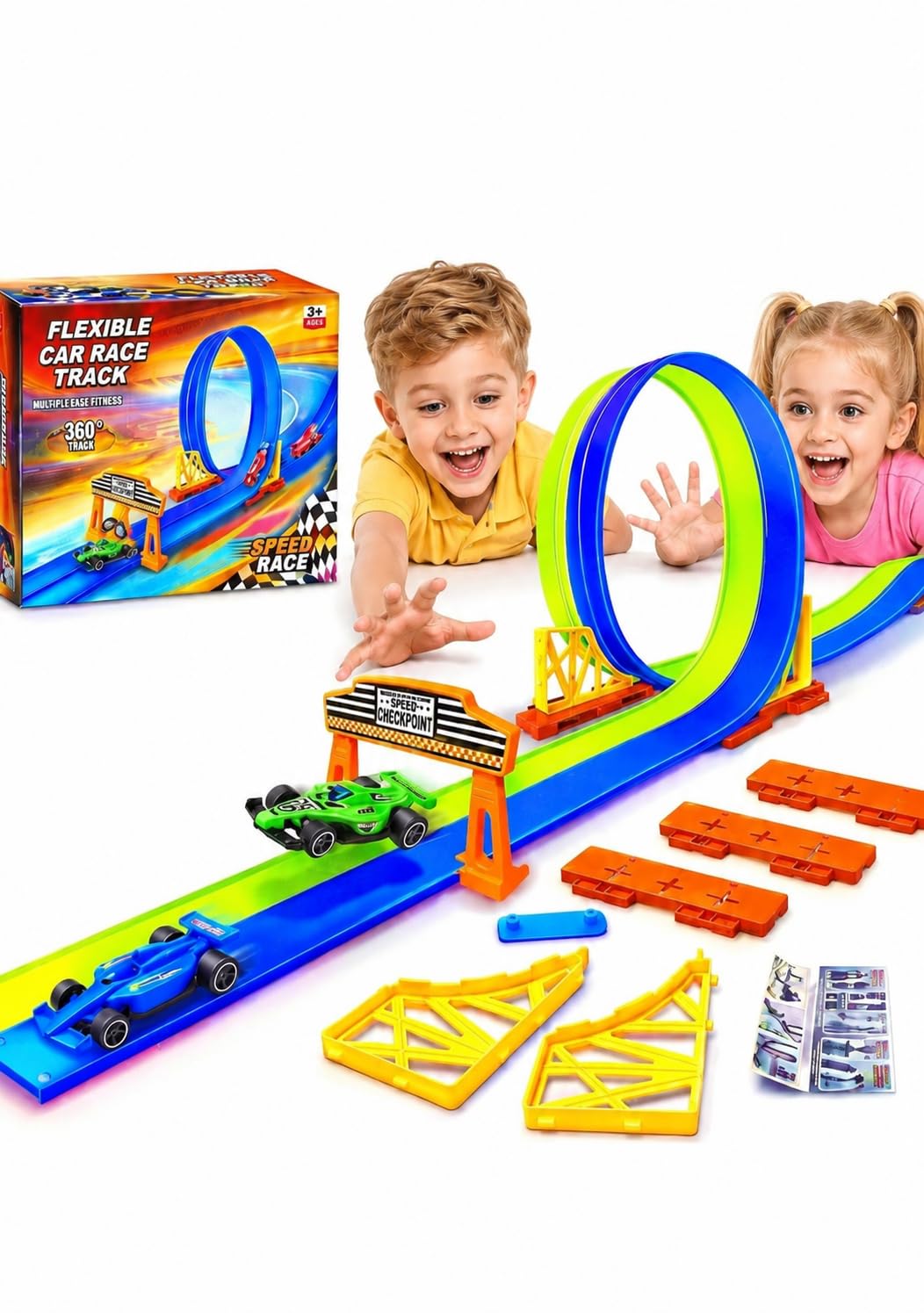 MAK2 Car Track 4.5m, Flexible Race Track Cars Ramp Track Toy with 2 Sports Cars and Storage Box, Rolls Up Portable Dual Car Race Tracks Toy for Kids Ages 3+ (Green & Blue)