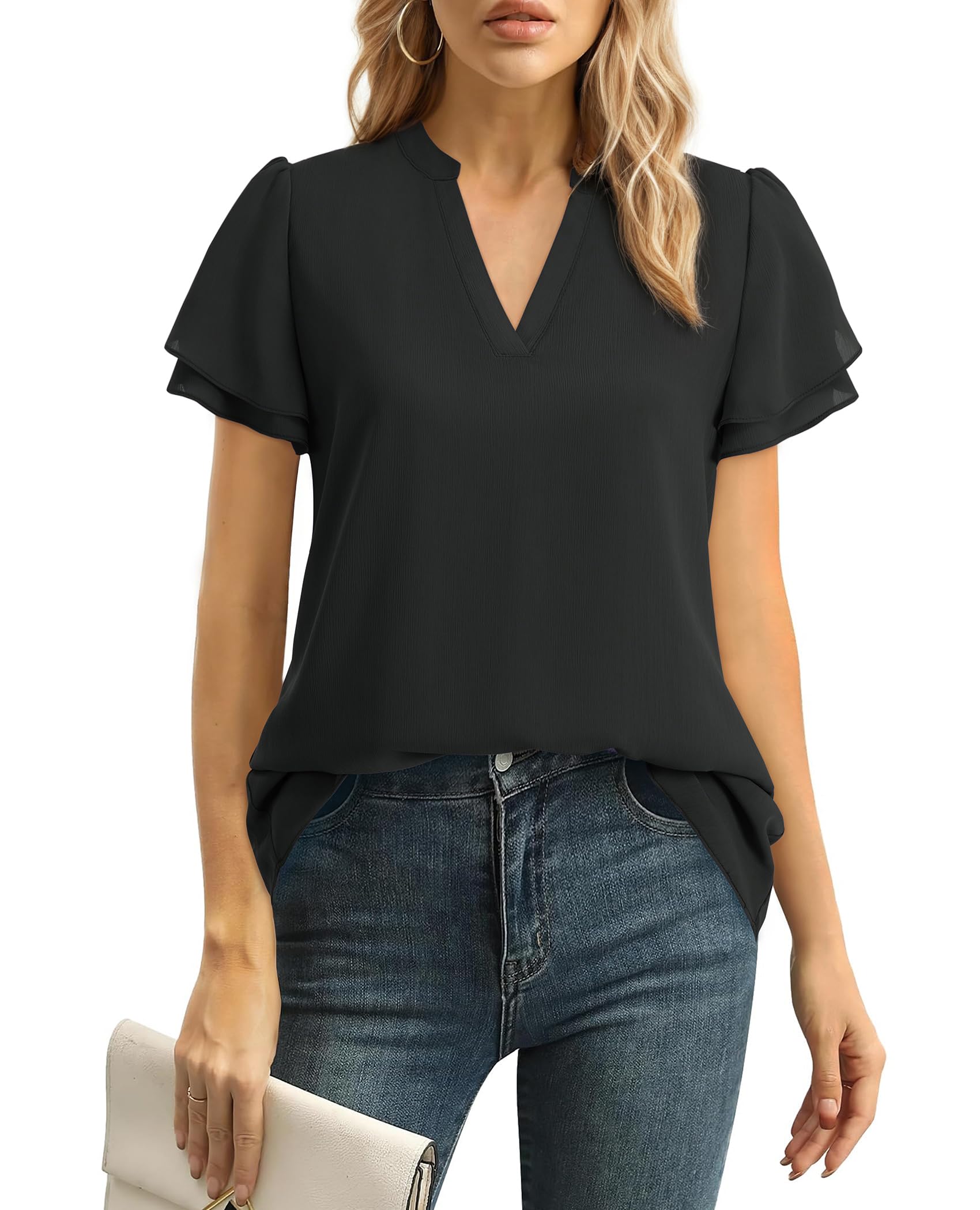 Uhiger Women Tops Dressy Casual Short Sleeve Blouses Petal Ruffle Shirts V Neck Chiffon Work Business Tunic Double Layer