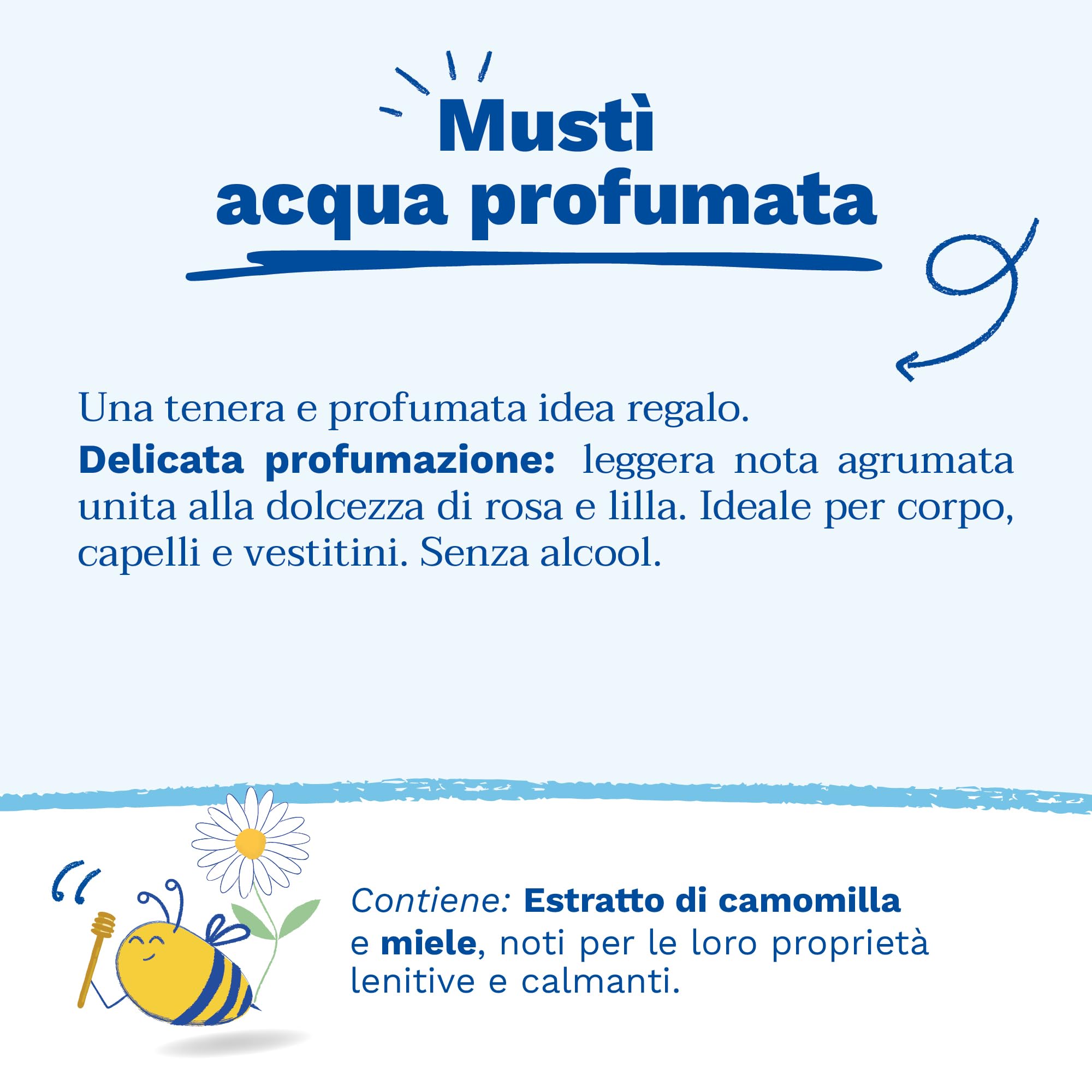Mustela Acqua Profumata Mustì Senza Alcool con Camomilla e Miele, Corpo e Capelli, Neonati e Adulti - Note Fresche di Bergamotto, Mughetto, Fiori Bianchi, 97% Ingredienti di Origine Naturale (50ml)