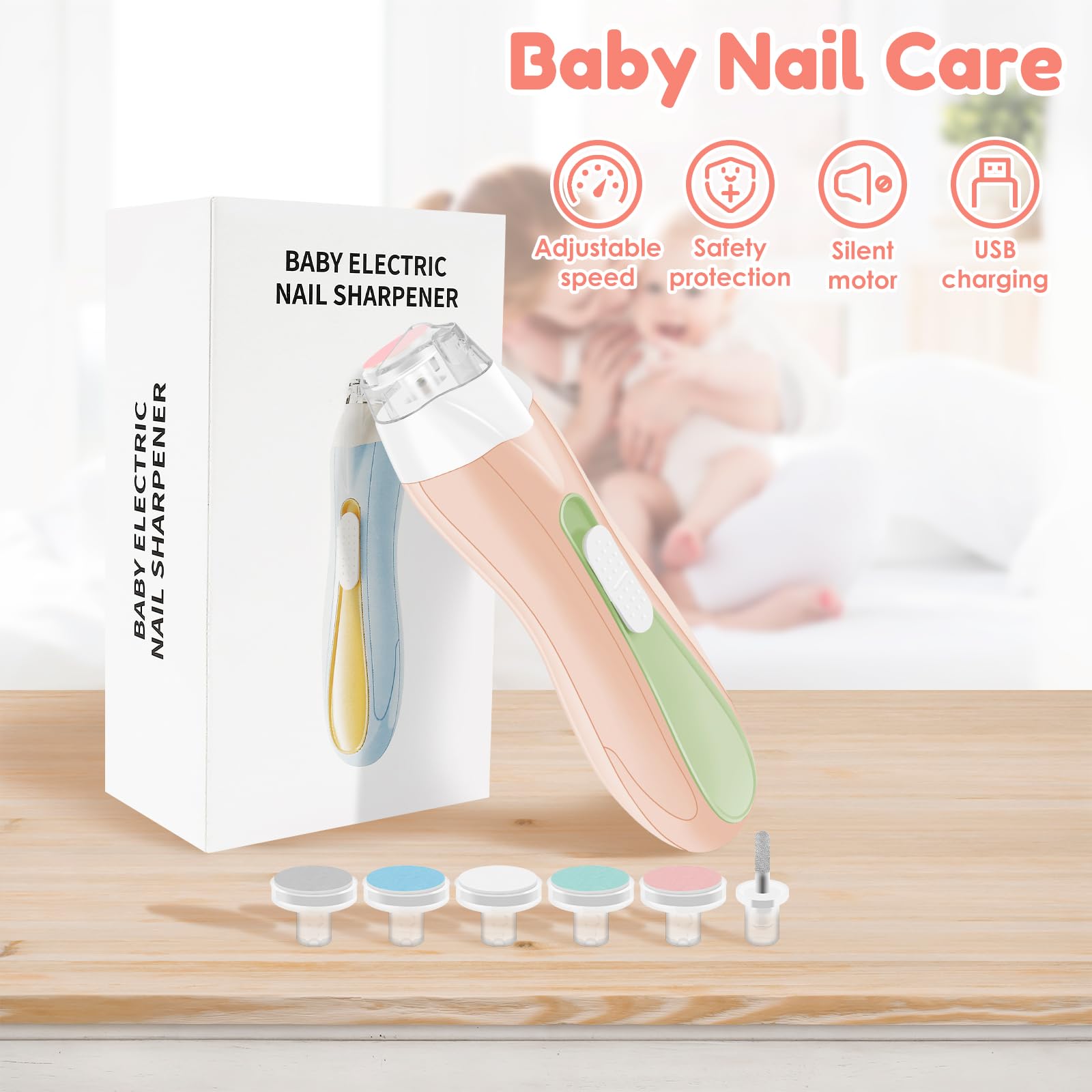 Baby Nail Trimmer Electric Baby Nail File, Baby Nail Clippers with 6 Grinding Heads & LED Light, Safe & Easy Trim Buffer Kit for Baby Newborn Toddler Toes Fingernails Baby Nail Care Kit (Pink)