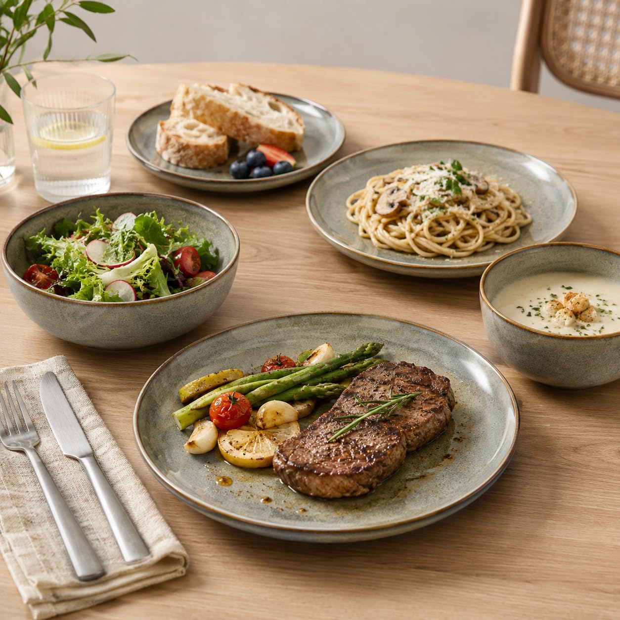  Stoneware Dinnerware Sets for 4, 12pcs Plates and Bowls Sets Dishes | Reactive Glaze Ceramic Dish Set, Microwave & Dishwasher Safe, Highly Chip and Crack Resistant Dishware sets, Green Wheat thumbnail