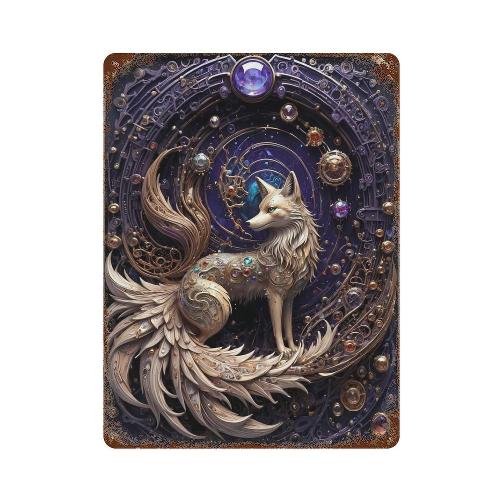 Cosmic Golden Fox Art Deco Rust Effect Tin Sign 15.7"x11.8", Vintage Wall Decor for Pub, Kitchen And Man Cave Decor