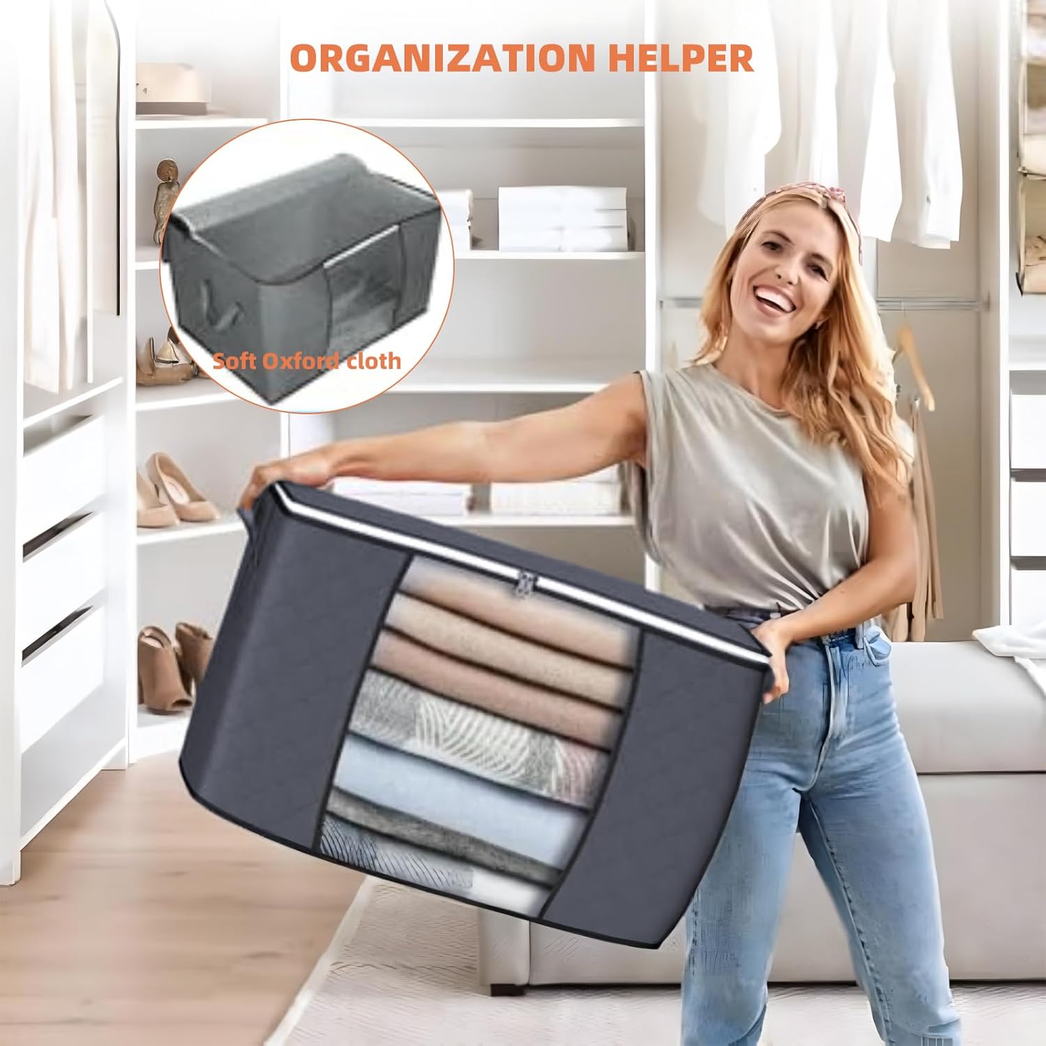 90L Large Capacity Clothes Storage, Foldable Thick Fabric Blanket Storage Bags, Containers for Organizing Bedroom, Closet, Clothing, Comforter, Organization with Handle (4 Pack,Grey)