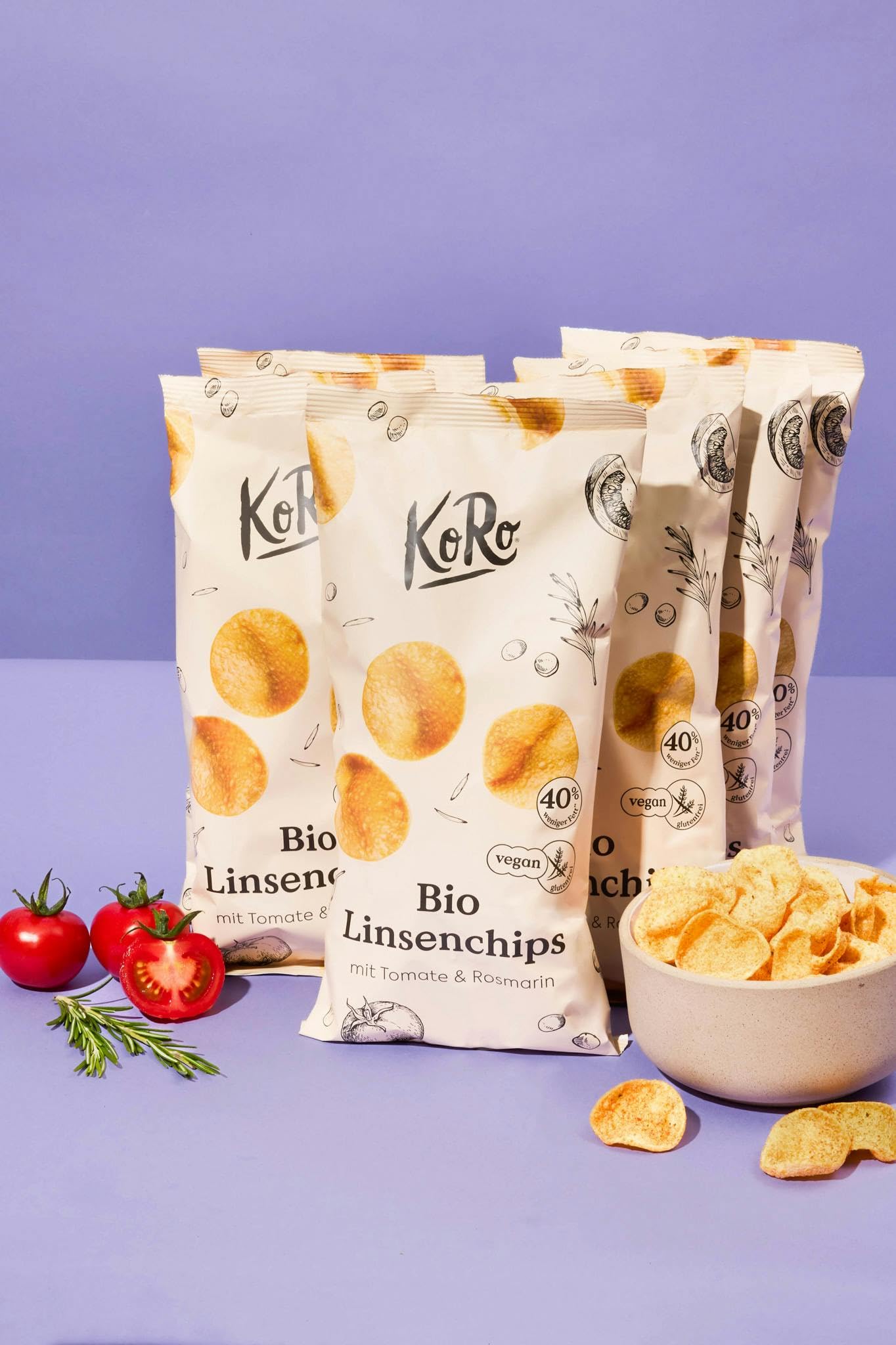 KoRo - Chips di lenticchie con pomodoro e rosmarino bio 7 x 100 g - vegan - da agricoltura biologica - gustosa alternativa alle patatine