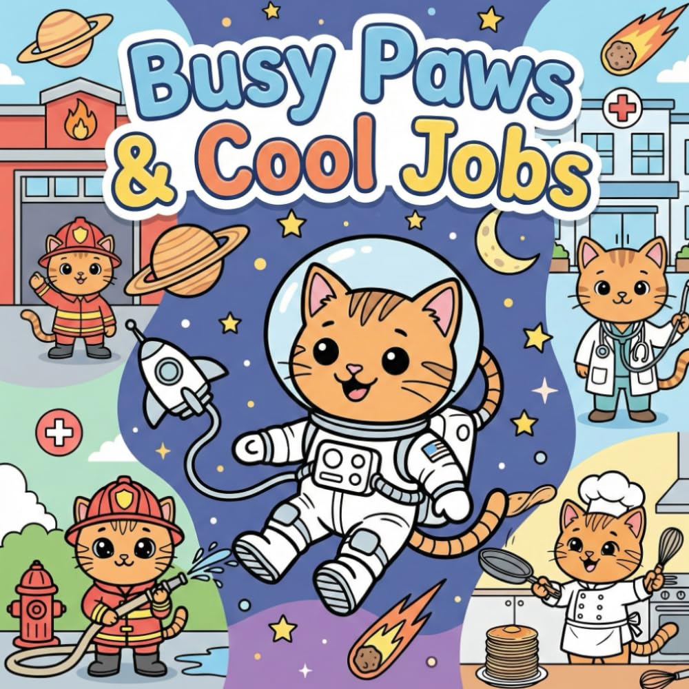Busy Paws & Cool Jobs: A Cute Cat Career Coloring Book for Kids Ages 6-12 | 48 Fun & Easy Illustrations of Astronauts, Doctors, Firefighters, and More!