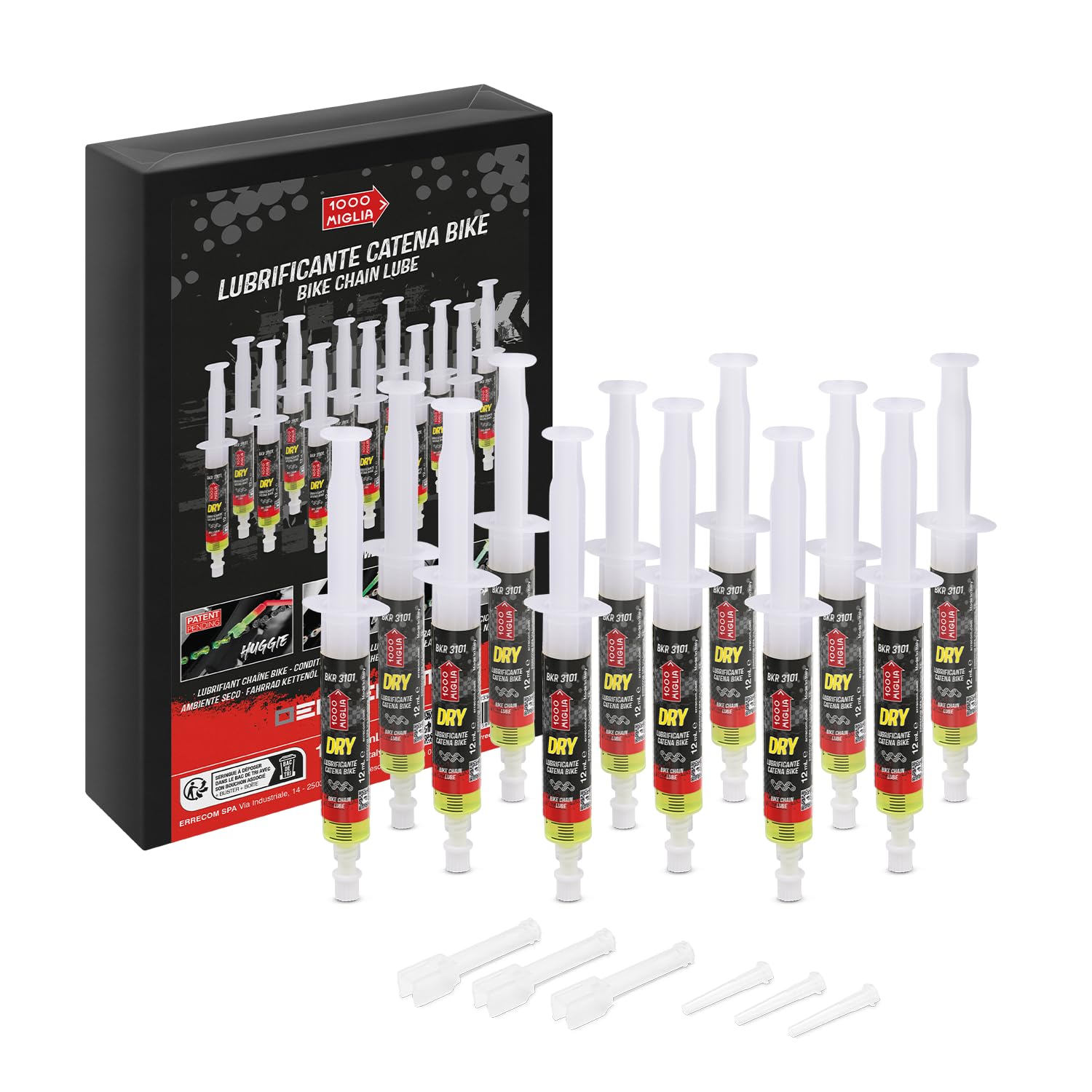 1000 Miglia BKR 3101 Lubrificante Catena Bici Dry, per Condizioni Asciutte e Polverose, Clima Secco, 12 Siringhe da 12 ml + 3applicatori + 3aghi per lubrificazione precisa e omogenea della catena bici