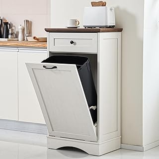OUTGUAVA 13 Gallons Tilt Out Trash Cabinet Freestanding Kitchen Trash Bin Cabinet Wood Garbage Recycling Cabinet with Hideaway Drawer Pet Proof Trash Can Holder for Kitchen Living Room, Antique White