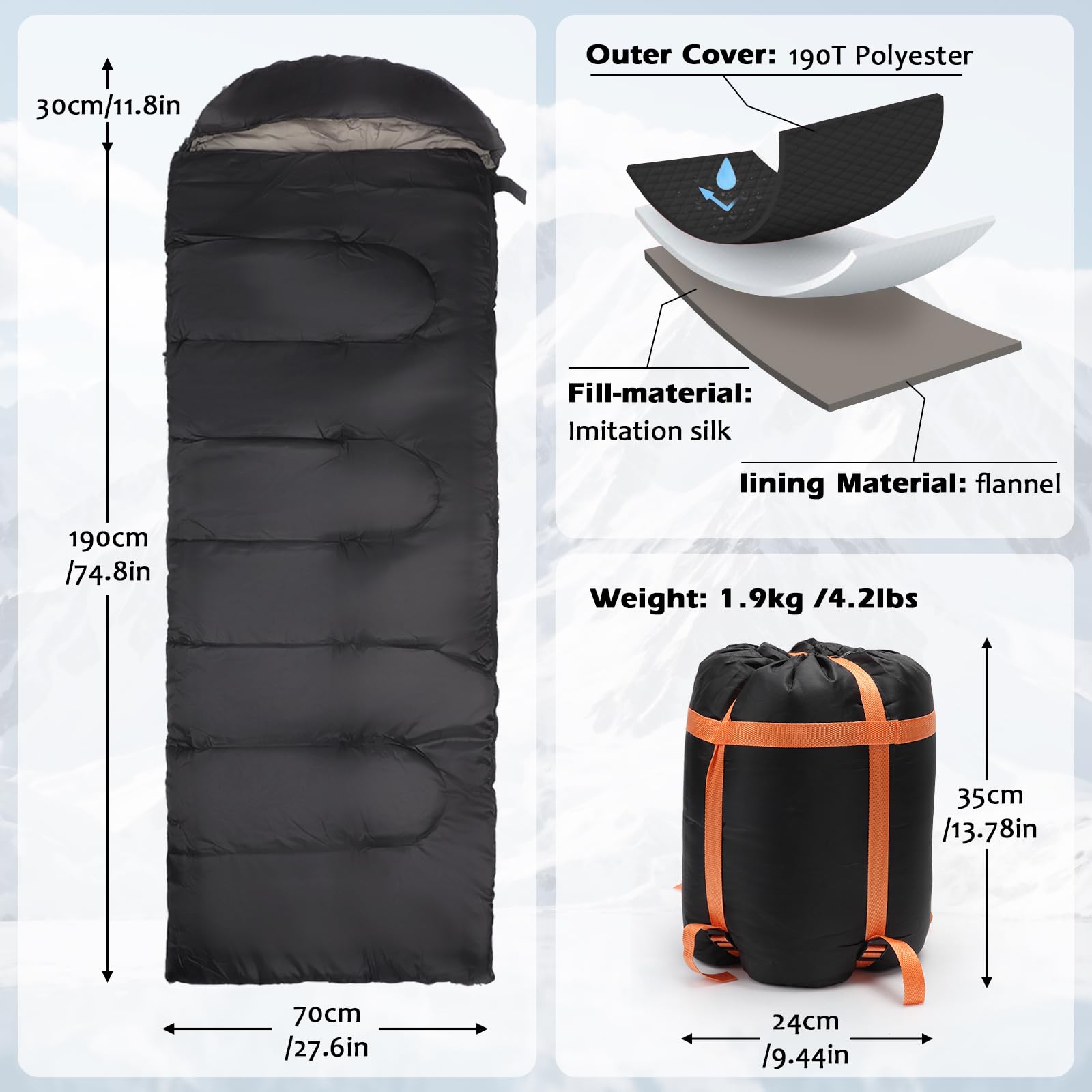Sac de couchage 3-4 saisons pour adultes et enfants, léger et compact, lavé à l'eau pour le camping, la chasse, etc. (Noir)