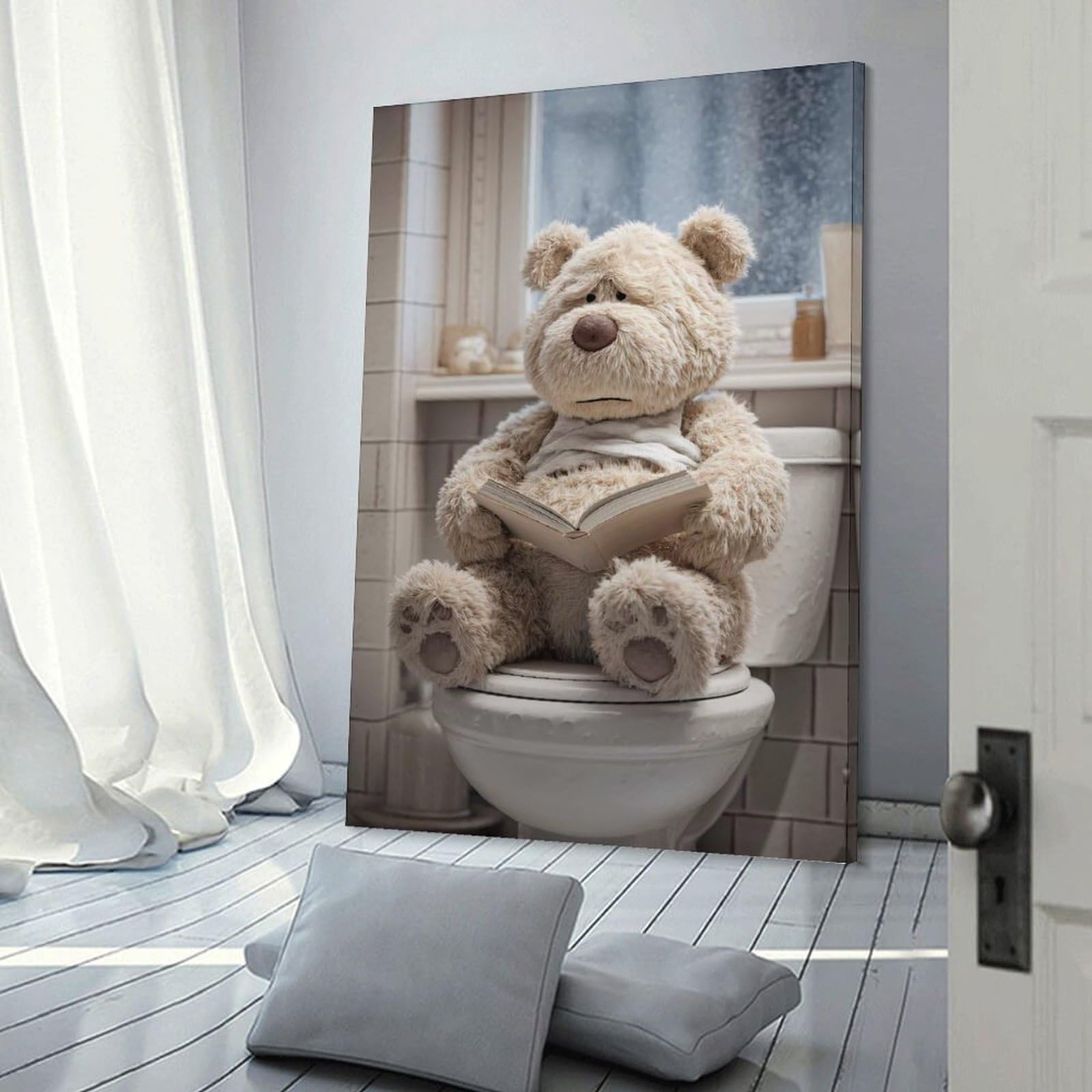 Junmoney Frame-Style-17 Sad Teddy Bear Reading On Toilet Decorative Wall Artwork, 24X36inch(60X90cm), For Corridors, Hallways Or Apartment Entries, Home Artwork For First Impressions