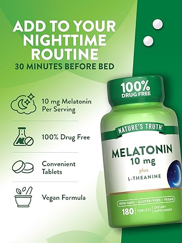 Miniatura 5 de Tabletas de melatonina  10 mg  180 unidades  Suplemento 100% libre de medicamentos para adultos  Vegetariano, sin OMG y sin gluten  con L-teanina
