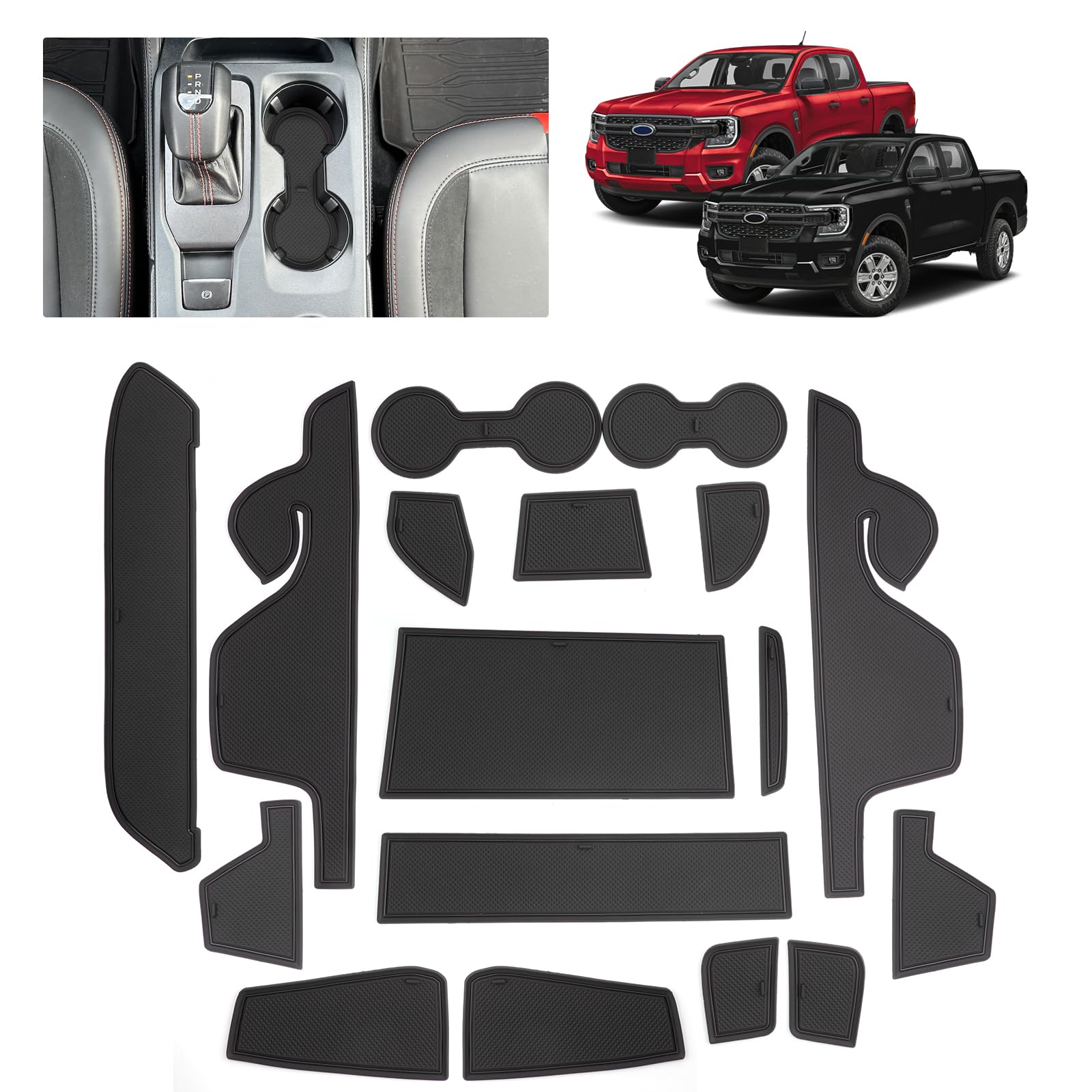 Car Non-Slip Mats for Ford Ranger T9 (2023-2026), Faithful Rubber Mat for Centre Console, Cup Holder & Door Holders, Suitable for Ford Ranger Raptor Tremor Wildtrak XL XLT (Black)