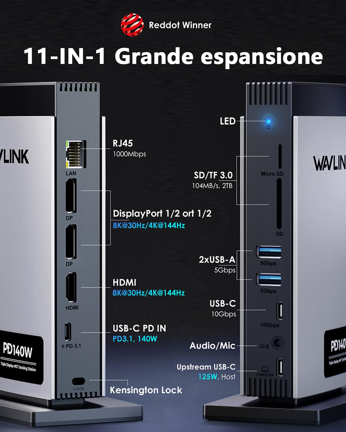 WAVLINK Laptop Docking Station Triplo display (Single 8K@30Hz/4K@144Hz), USB C Dock 125W PD3.1 Pass-Through, 2*DP, HDMI, Ethernet, SD/TF, per Windows