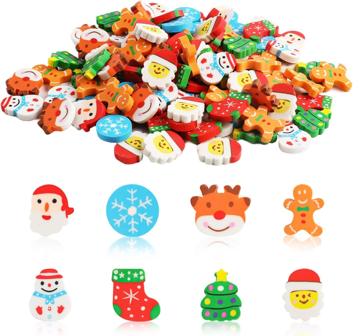 DERAYEE 120 Mini Christmas Erasers - Novelty Santa Claus, Elk, Snowman, Gingerbread Man for Kids Party Favors & Classroom Rewards