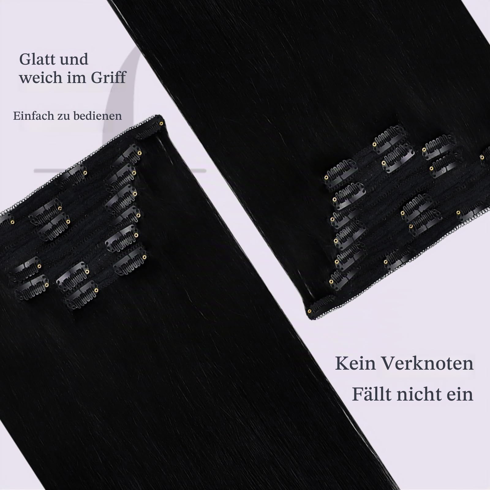 Clip in Extensions Echthaar Tiefschwarz, 7 Stücke 120 g, 60 cm, natürlich, schonend für Eigenhaar, Echthaar Extensions Clip, Farbe 1