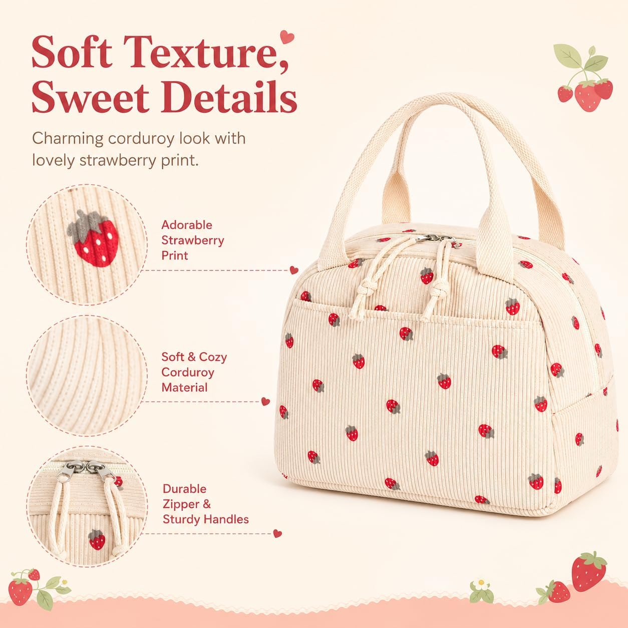 Bluboon Lunch Bag for Women Cute Corduroy Lunch Tote Bags with Shoulder Strap Reusable Insulated Lunch Box Large Capacity Reusable Insulated Cooler for Work Picnic or Travel (13L)