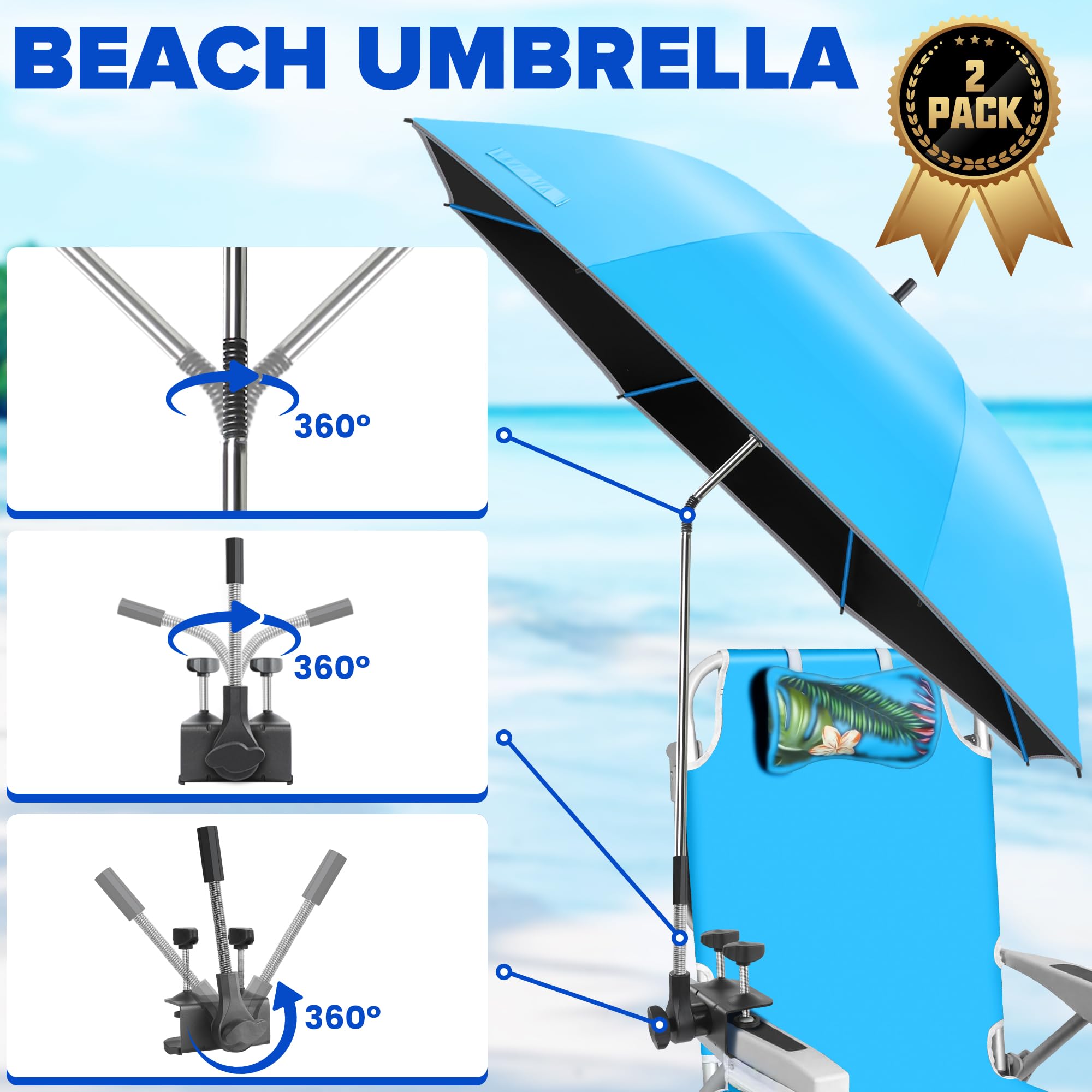 2er-Pack 124cm Sonnenschirm mit Klemme, 360° verstellbar, UPF 50+ UV-Schutz, großer Clip-On Schirm für Strandstuhl, Campingstuhl, Golftrolley und Tisch