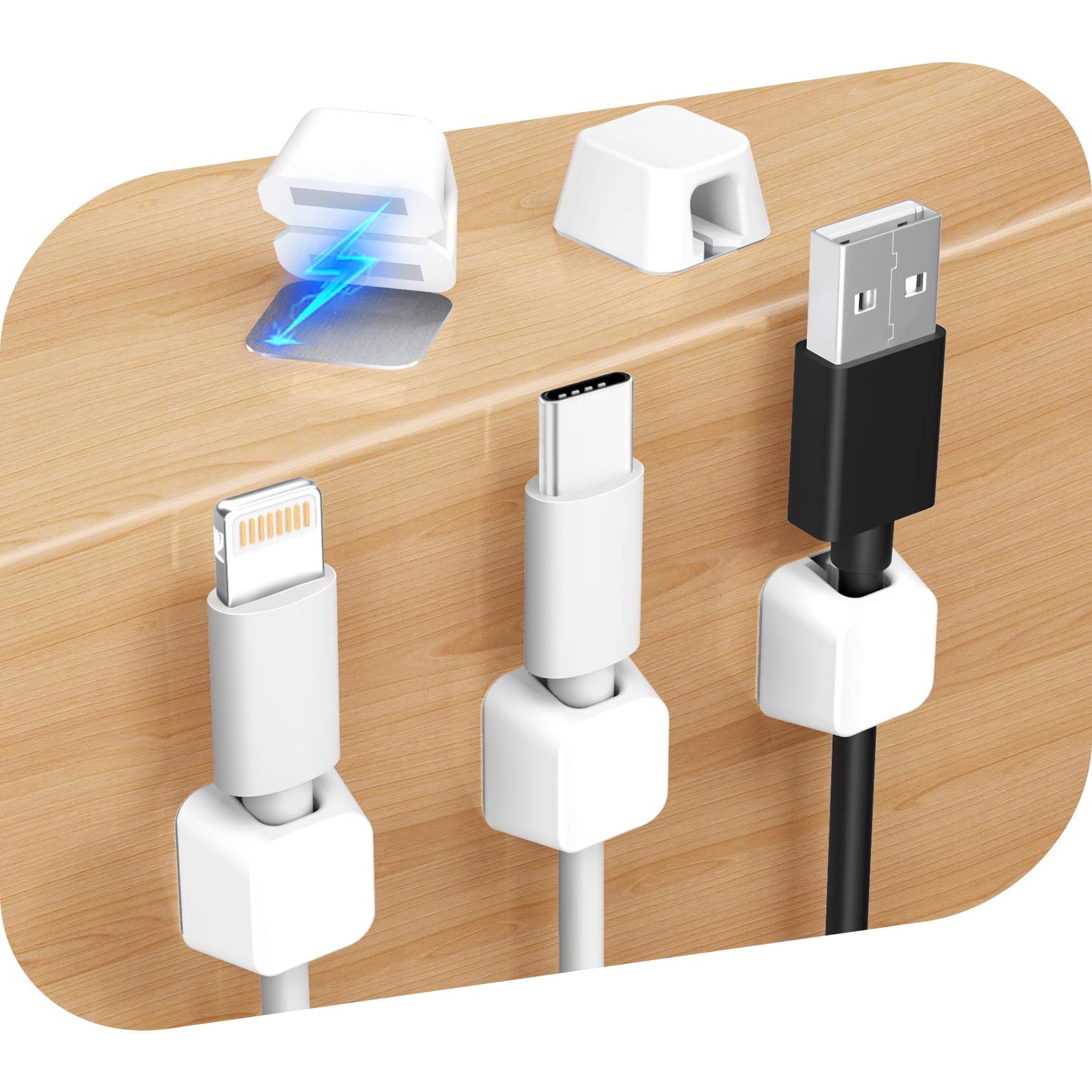 Viaky Magnetic Cable Holder, 5 PCS Silicone Cable Management, Small 6mm Size, Desk Cable Organiser with Self-Adhesive Metal Plates for Desktop, Nightstand, Car, Office (White)