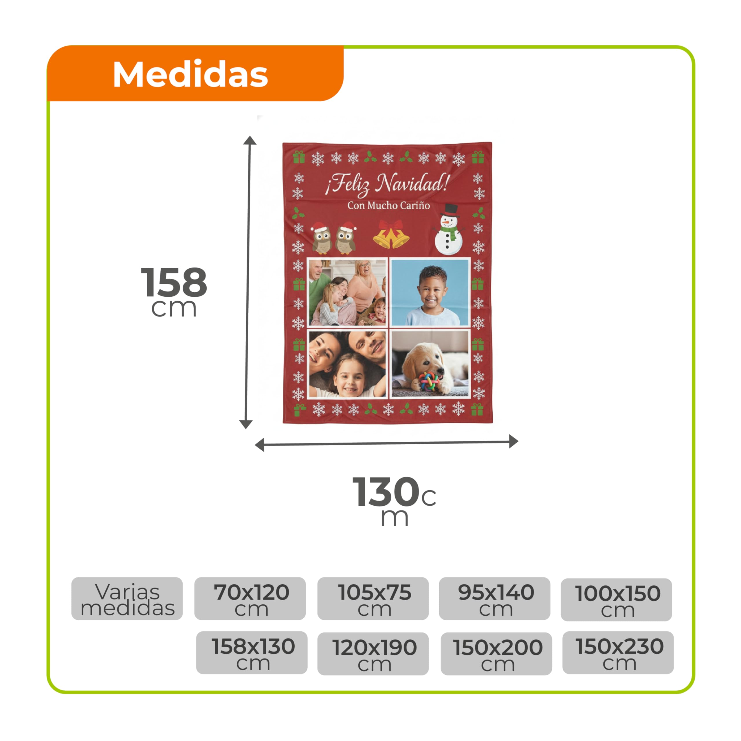 Manta Navideña Personalizada con Foto y Nombre (3 Fotos, 150X230)