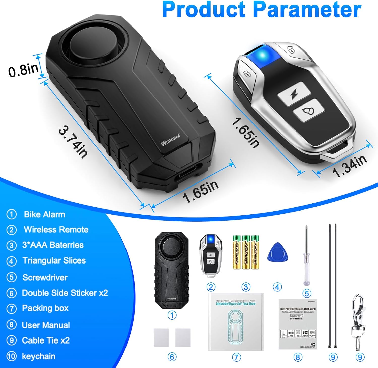 WSDCAM Bike Alarm with Remote 2 Pack, 113dB Loud Anti Theft Vibration Sensor Alarm Systems for Electric Bike Motorcycle Golf Car Trailer Mailbox Garage Door Waterproof Home Security Bike Accessories