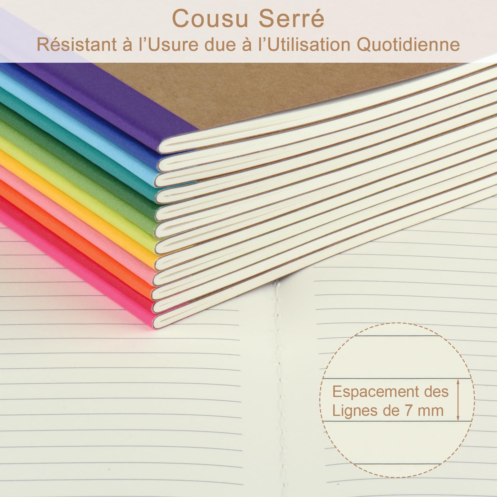 Cahiers Lignés avec Dos Arc-en-Ciel, Lot de 12 Blocs Carnet de Notes, Couverture Kraft, 60 Pages