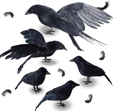 5 Pack Black Feathered Crows Halloween Decorations Indoor Outdoor