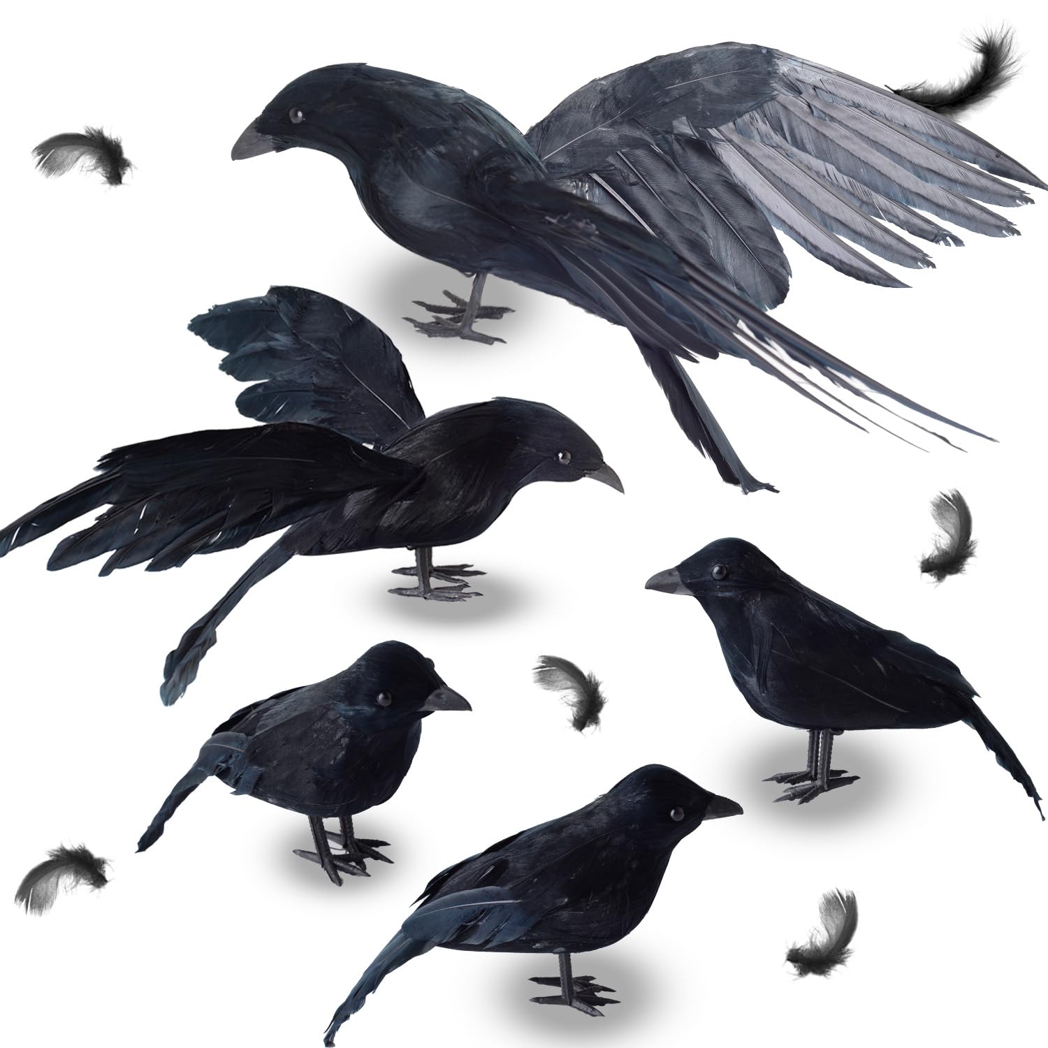 5 Pack Halloween Crows Decorations, Assorted Size Black Feather Halloween Crows and Ravens Decor, Realistic Handmade Scary Crows Props Outdoors Indoors Decorations