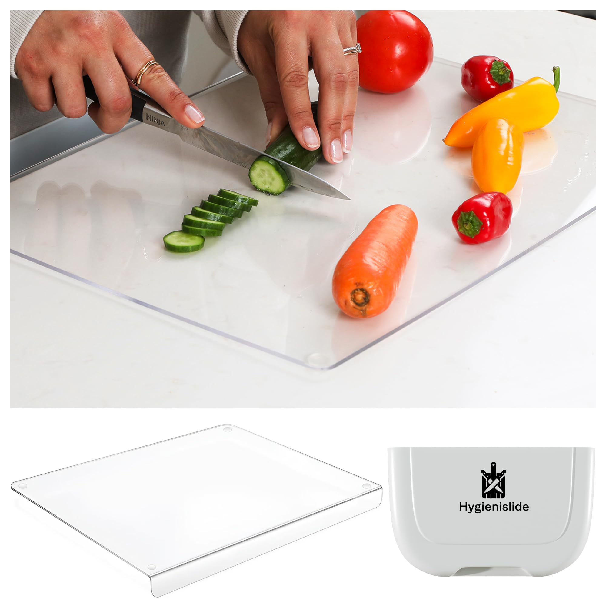 2-in-1 Clear Acrylic Chopping Board with Trash Bin – Countertop clear cutting board 16.8 x 12.7 in (42.5 x 32.5 cm), Easy Clean, Kitchen Acrylic Board with Lip