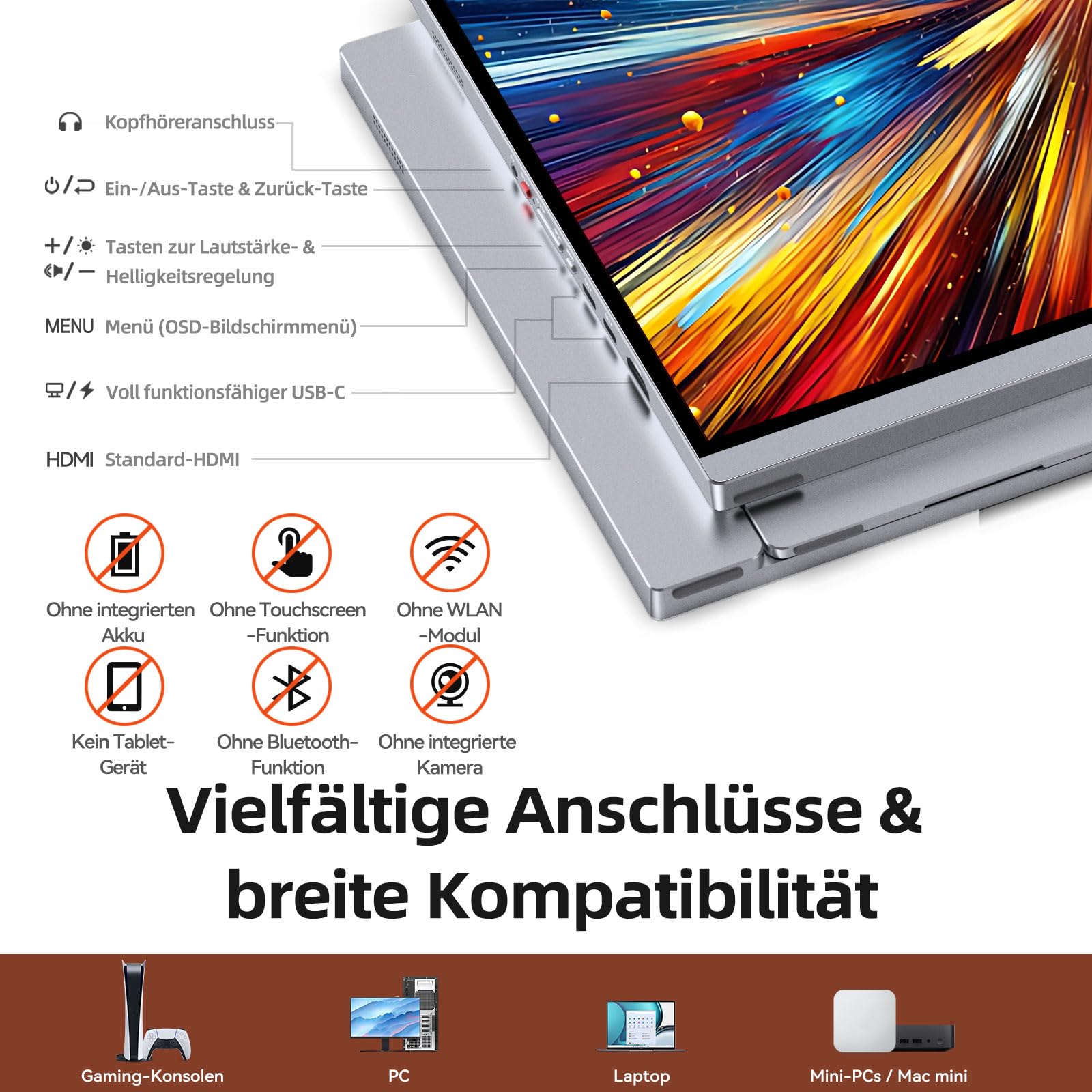 Intehill 4K Tragbarer Monitor 13,4 Zoll UHD 500 nits, IGZO-Panel 16:10 3840x2400, Dual-USB-C & HDMI, leichtes Aluminiumgehäuse nur 680g mit Standfuß - U13ZC - 4